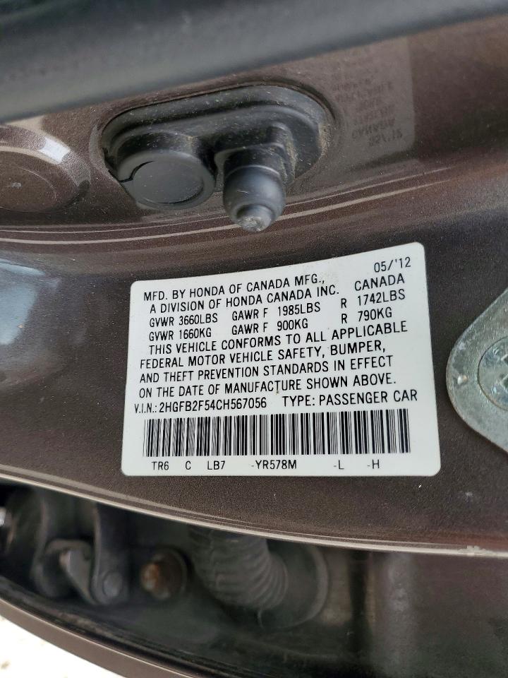 2012 Honda Civic Lx Brown vin: 2HGFB2F54CH567056