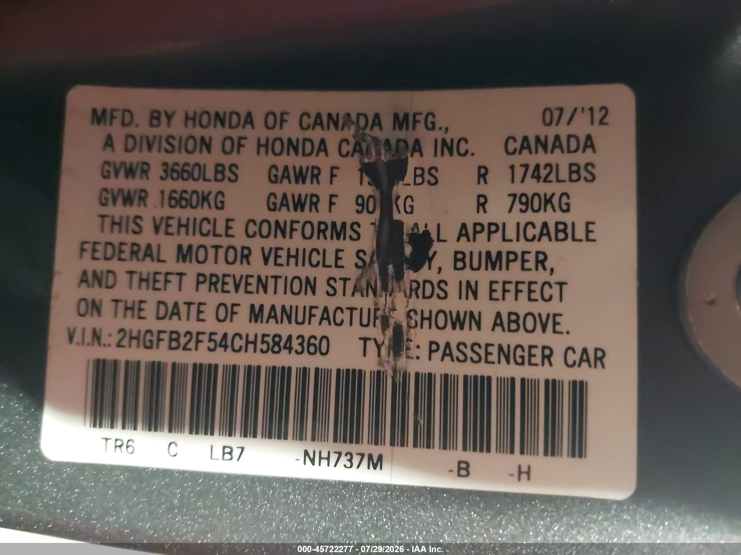 2012 Honda Civic Lx Gray vin: 2HGFB2F54CH584360