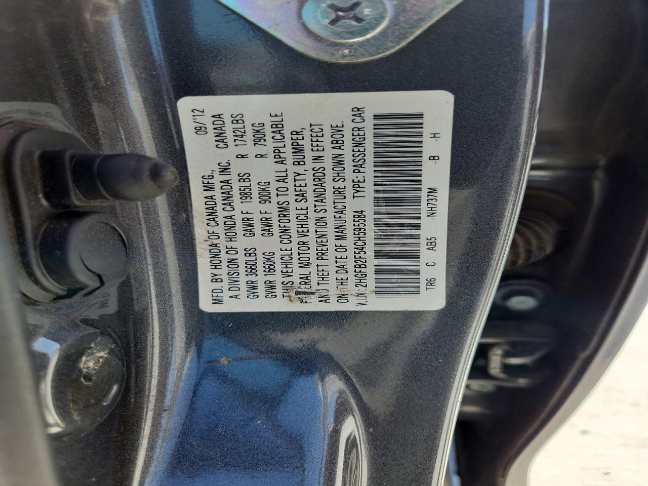 2012 Honda Civic Lx Lx Gray vin: 2HGFB2F54CH595584