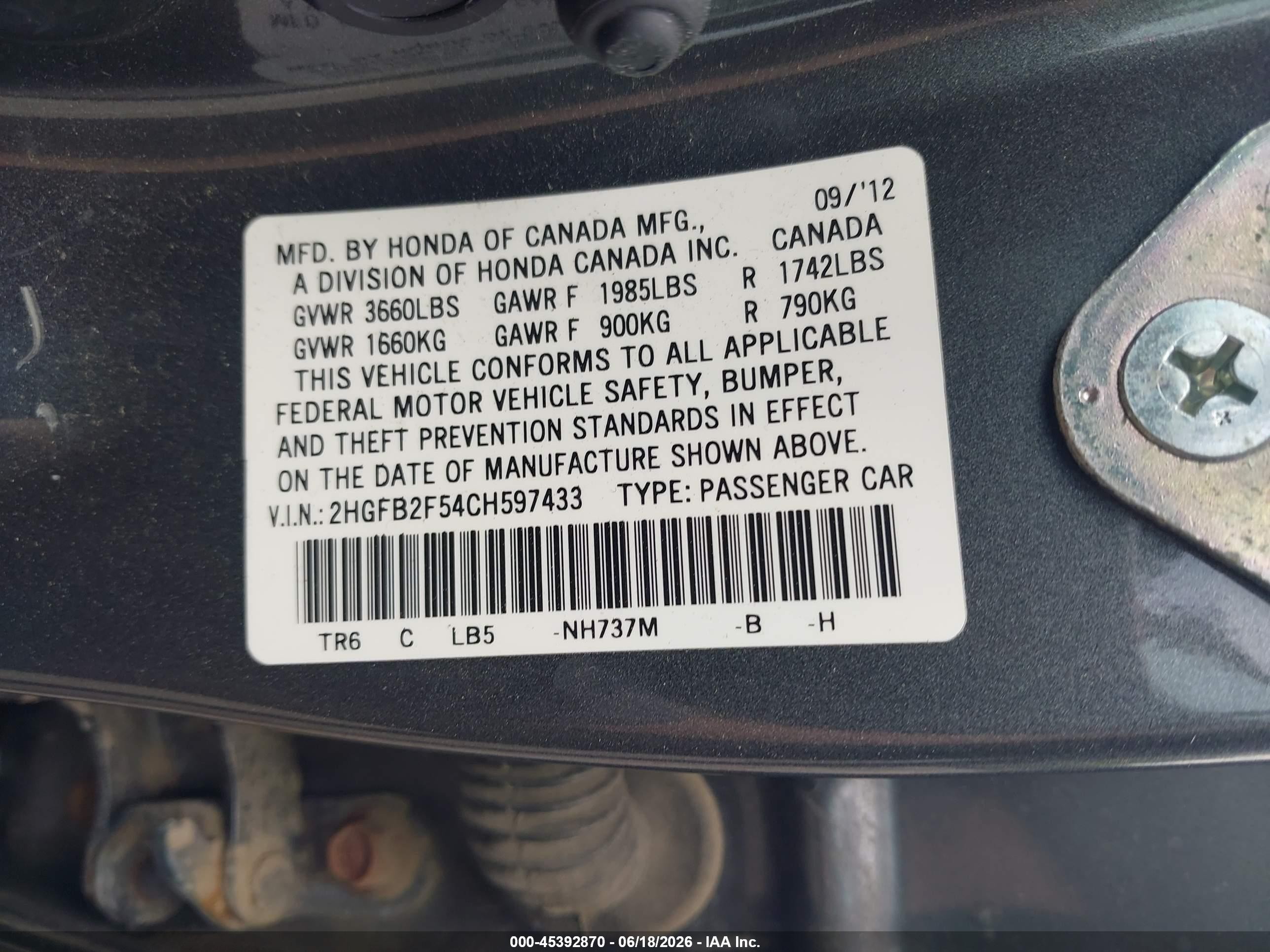 2012 Honda Civic Lx Gray vin: 2HGFB2F54CH597433