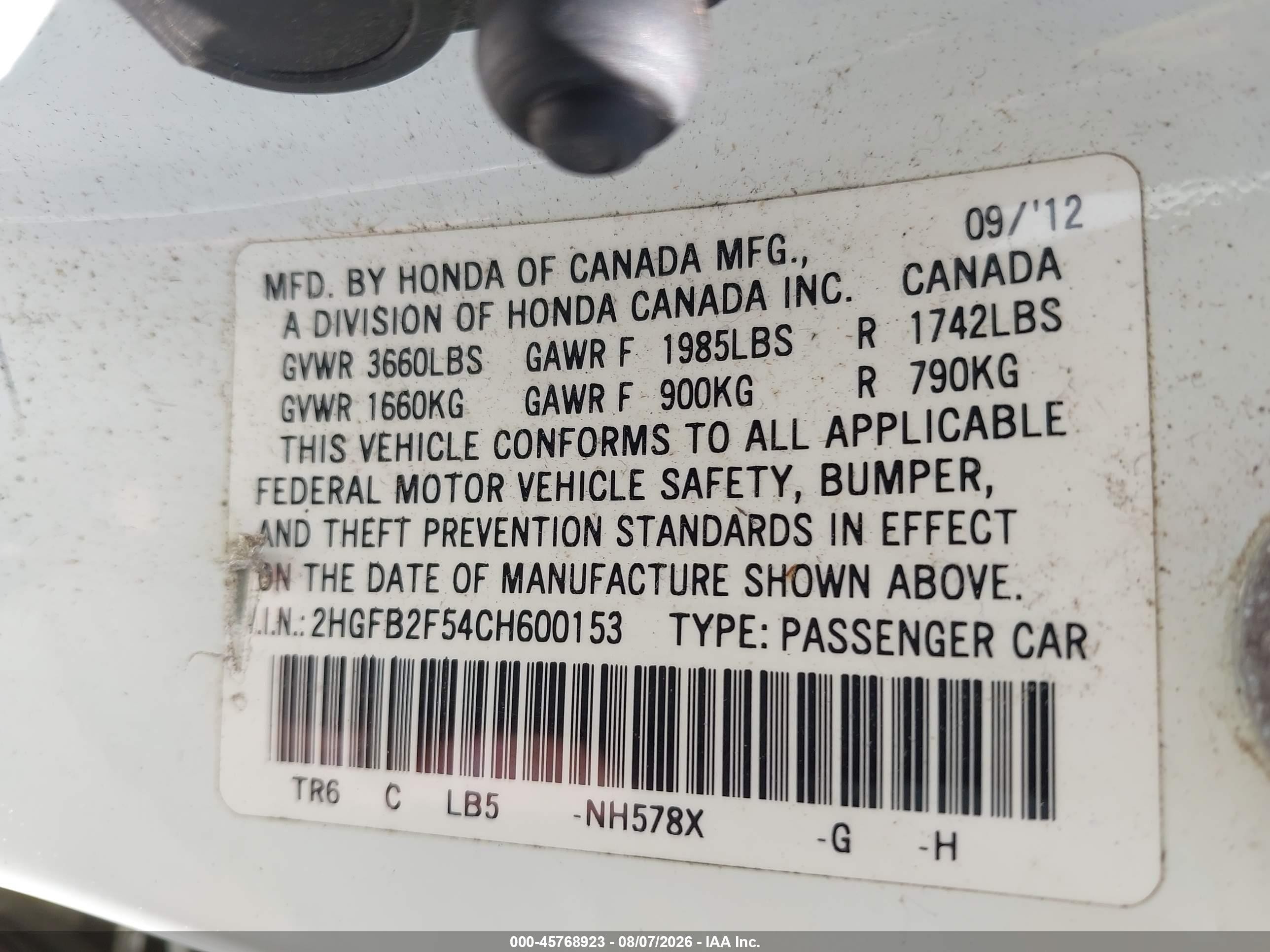 2012 Honda Civic Lx White vin: 2HGFB2F54CH600153