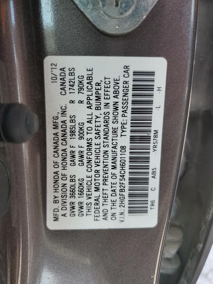 2012 Honda Civic Lx Gray vin: 2HGFB2F54CH601108