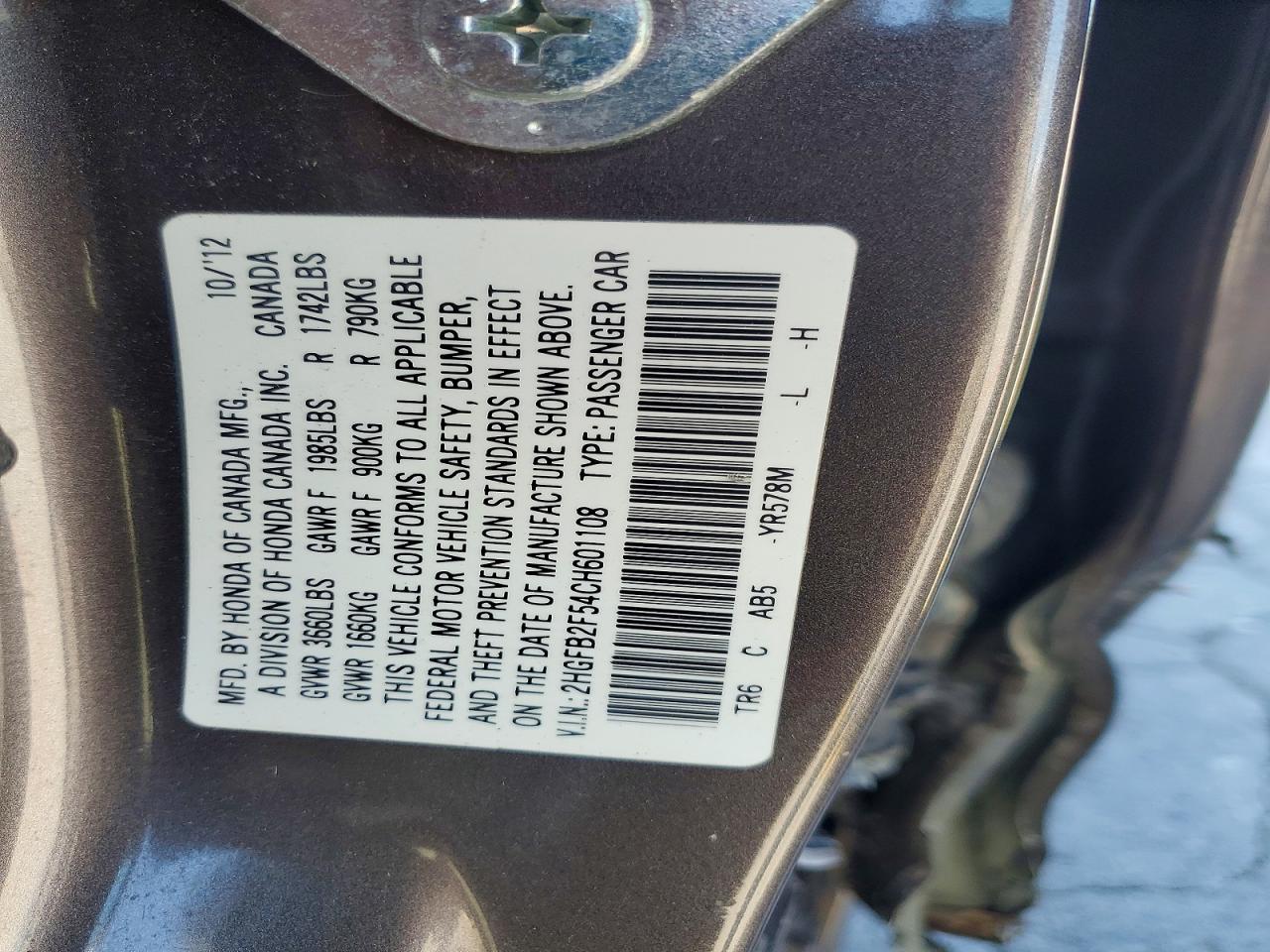 2012 Honda Civic Lx Gray vin: 2HGFB2F54CH601108