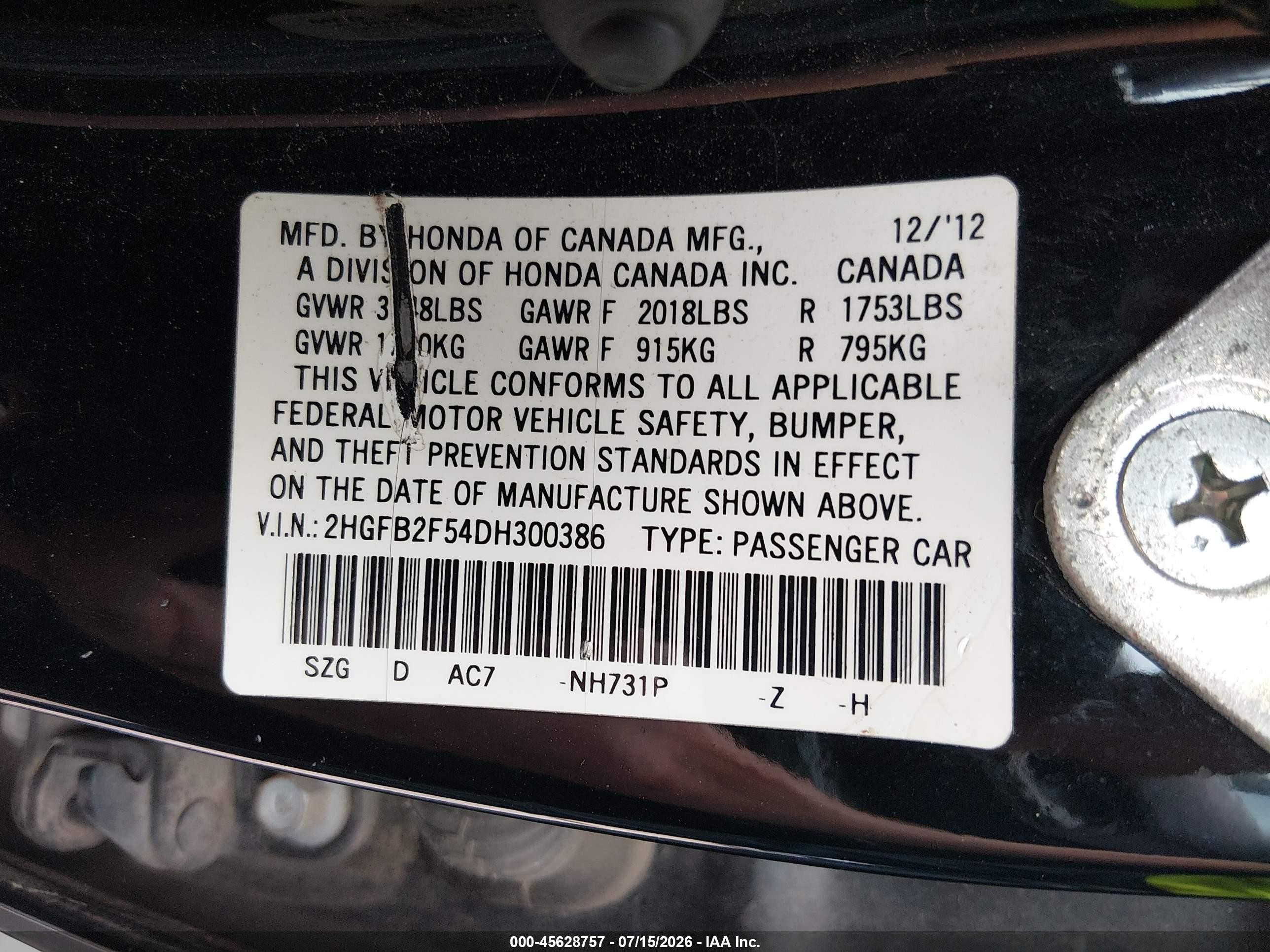 2013 Honda Civic Lx Black vin: 2HGFB2F54DH300386