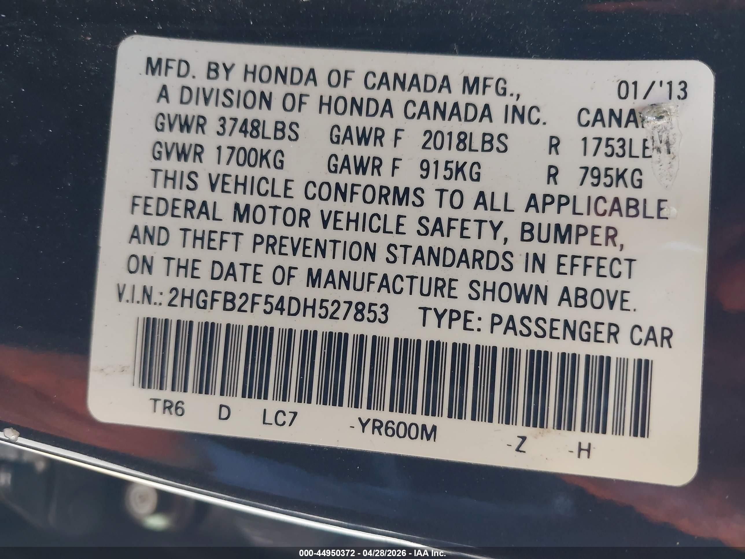 2013 Honda Civic Lx Black vin: 2HGFB2F54DH527853