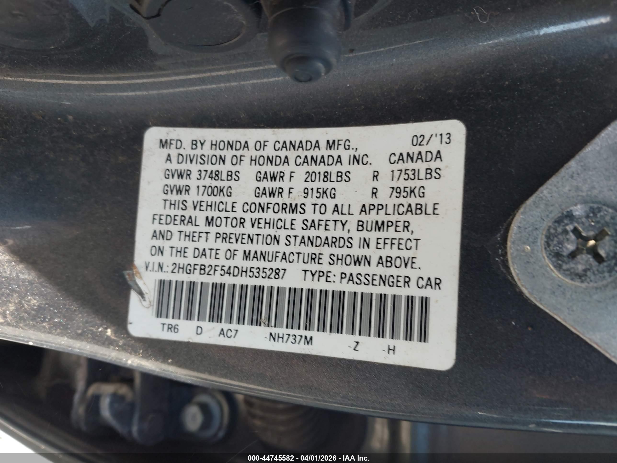 2013 Honda Civic Lx Gray vin: 2HGFB2F54DH535287