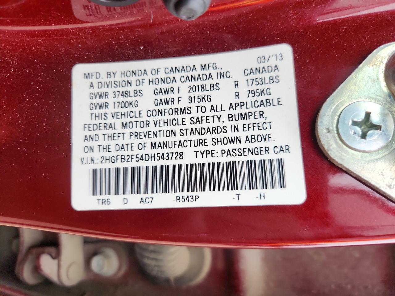 2013 Honda Civic Lx Burgundy vin: 2HGFB2F54DH543728