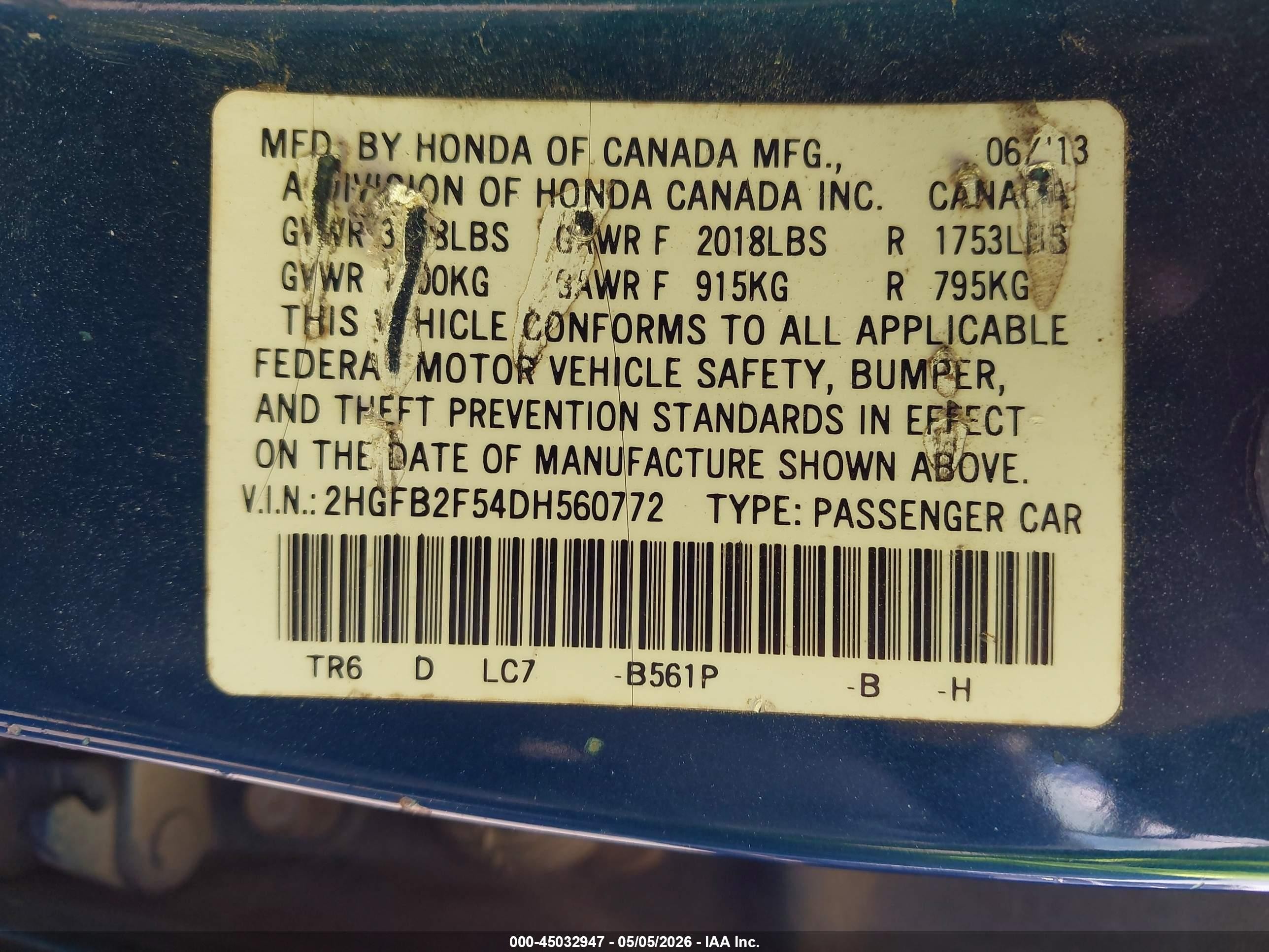 2013 Honda Civic Lx Blue vin: 2HGFB2F54DH560772