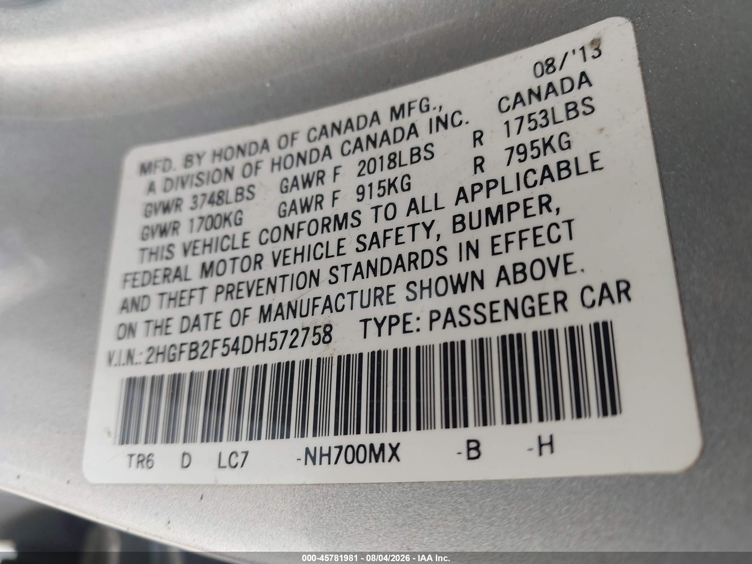 2013 Honda Civic Lx Серебряный vin: 2HGFB2F54DH572758