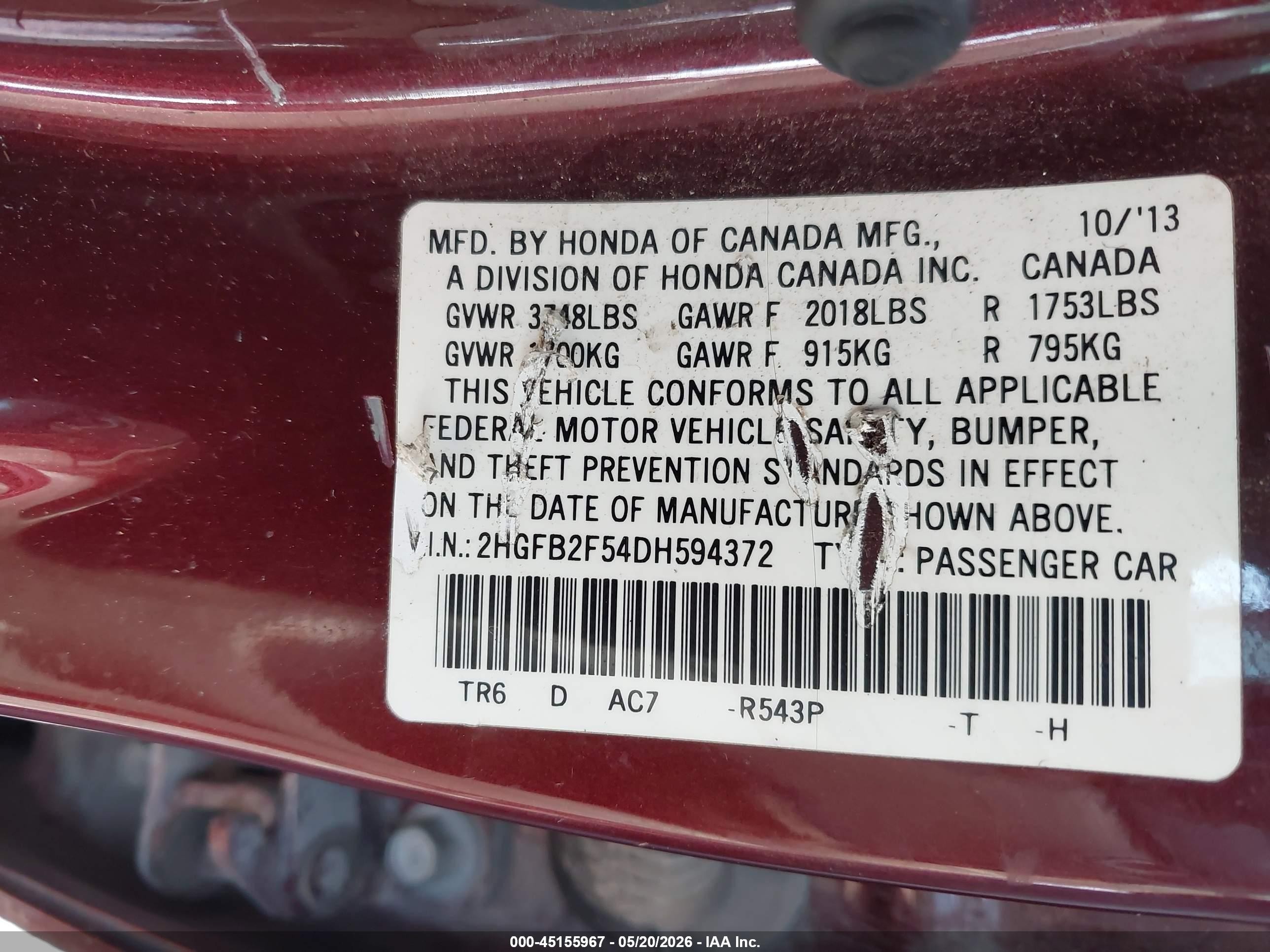 2013 Honda Civic Lx Maroon vin: 2HGFB2F54DH594372