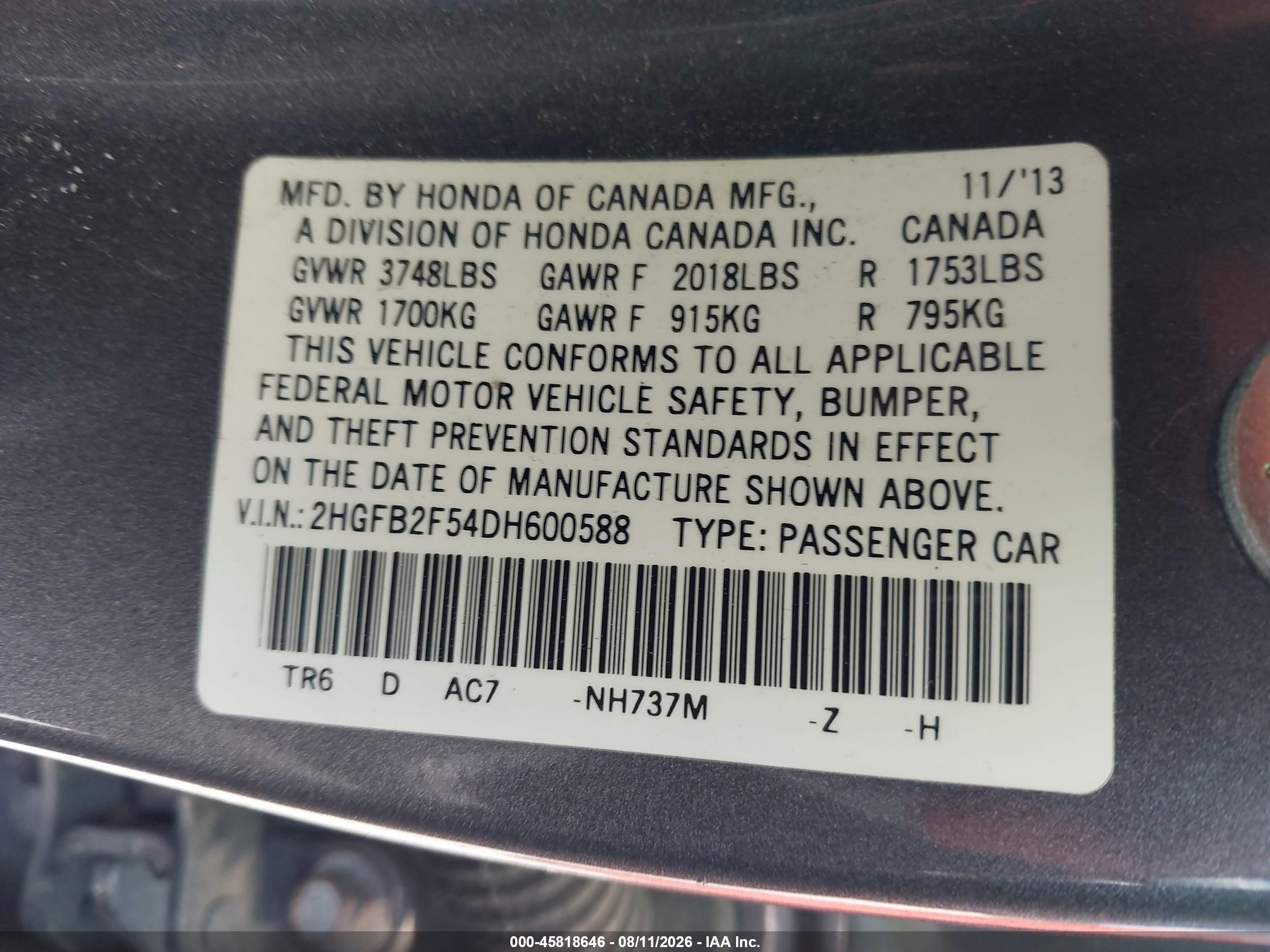 2013 Honda Civic Lx Gray vin: 2HGFB2F54DH600588