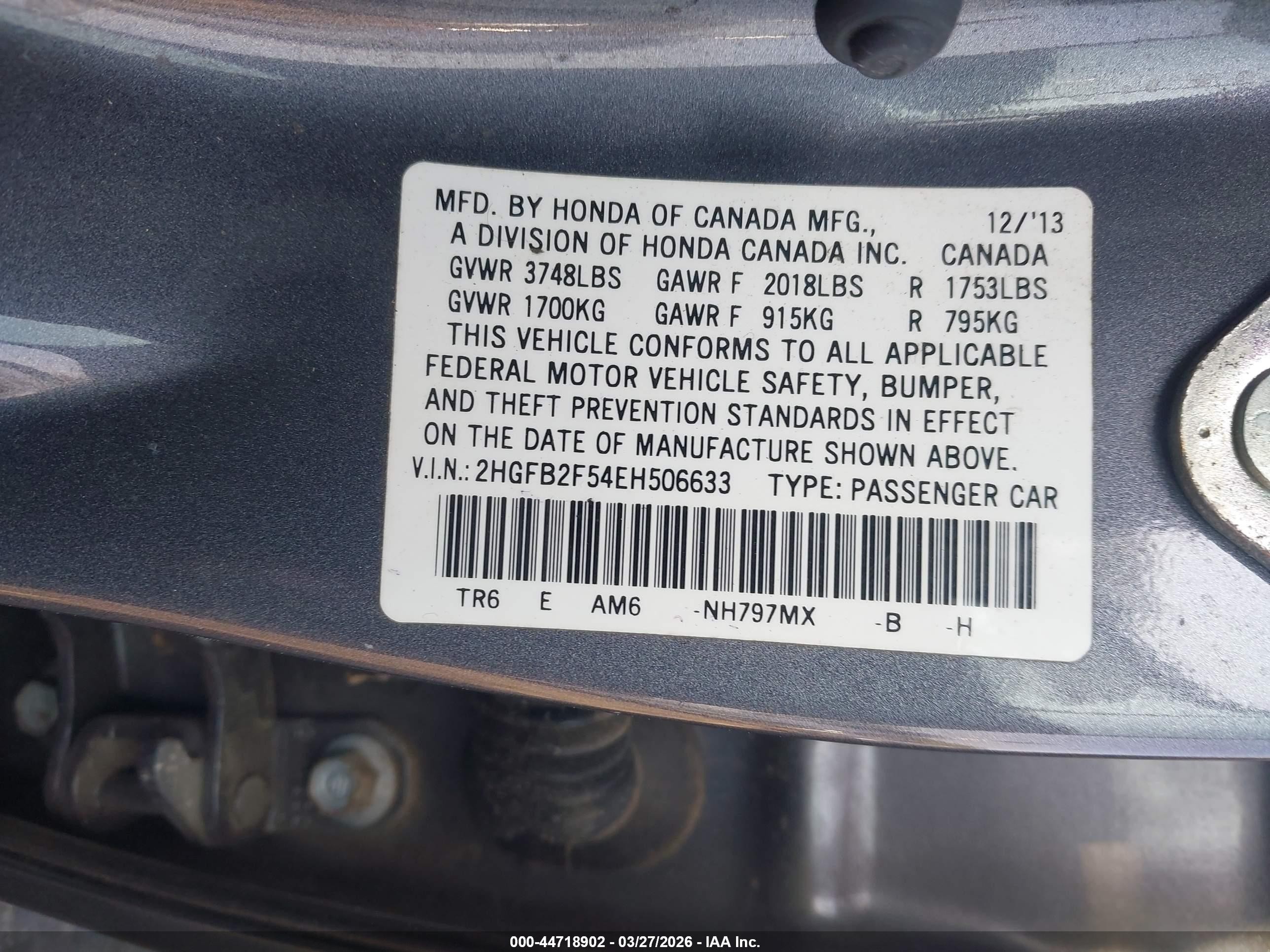 2014 Honda Civic Lx Gray vin: 2HGFB2F54EH506633