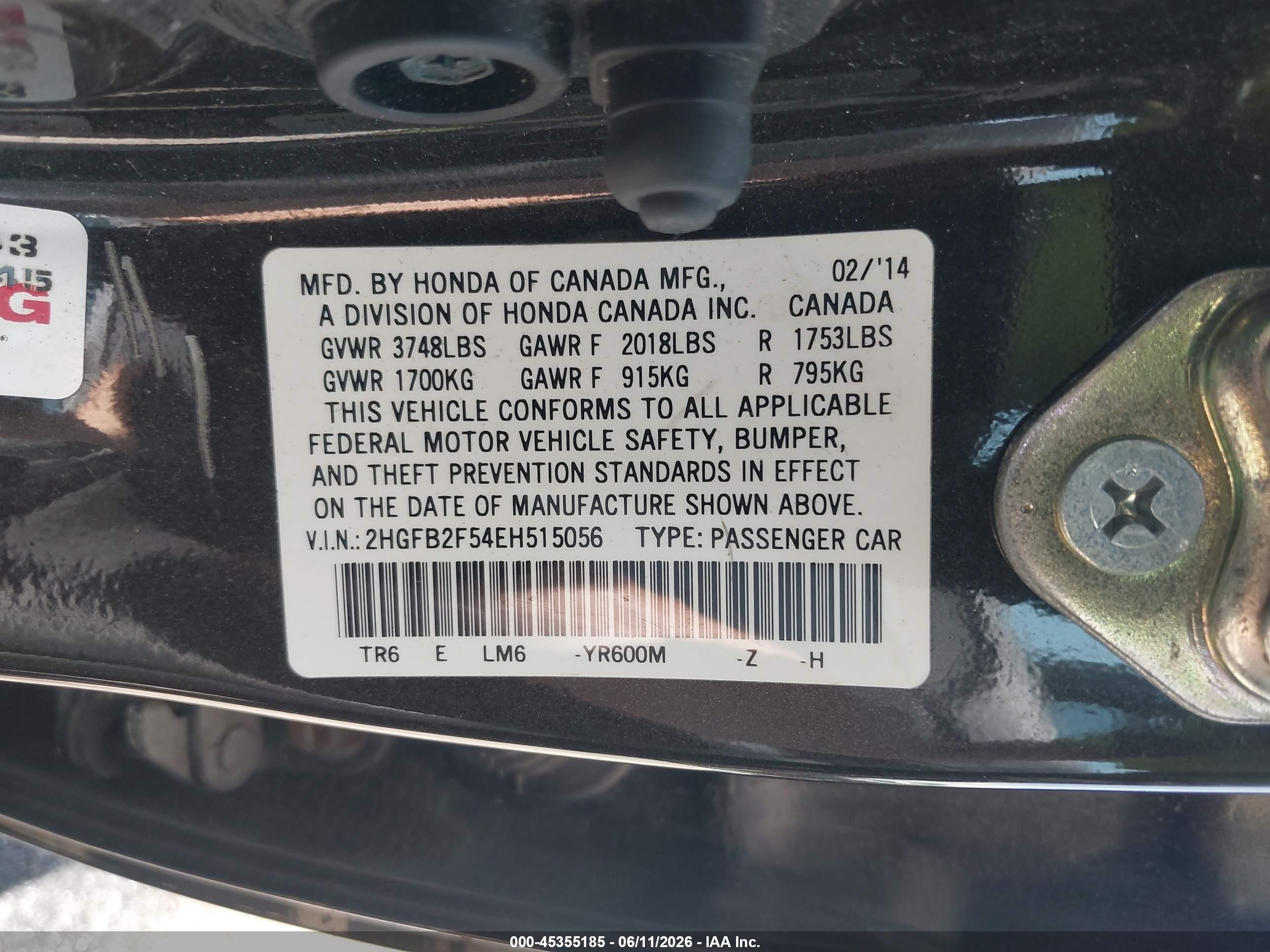 2014 Honda Civic Lx Brown vin: 2HGFB2F54EH515056