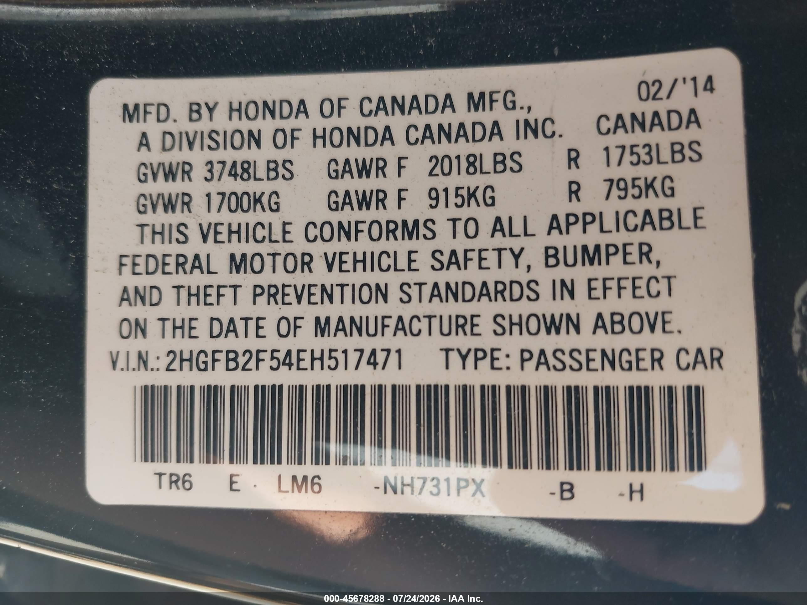 2014 Honda Civic Lx Black vin: 2HGFB2F54EH517471