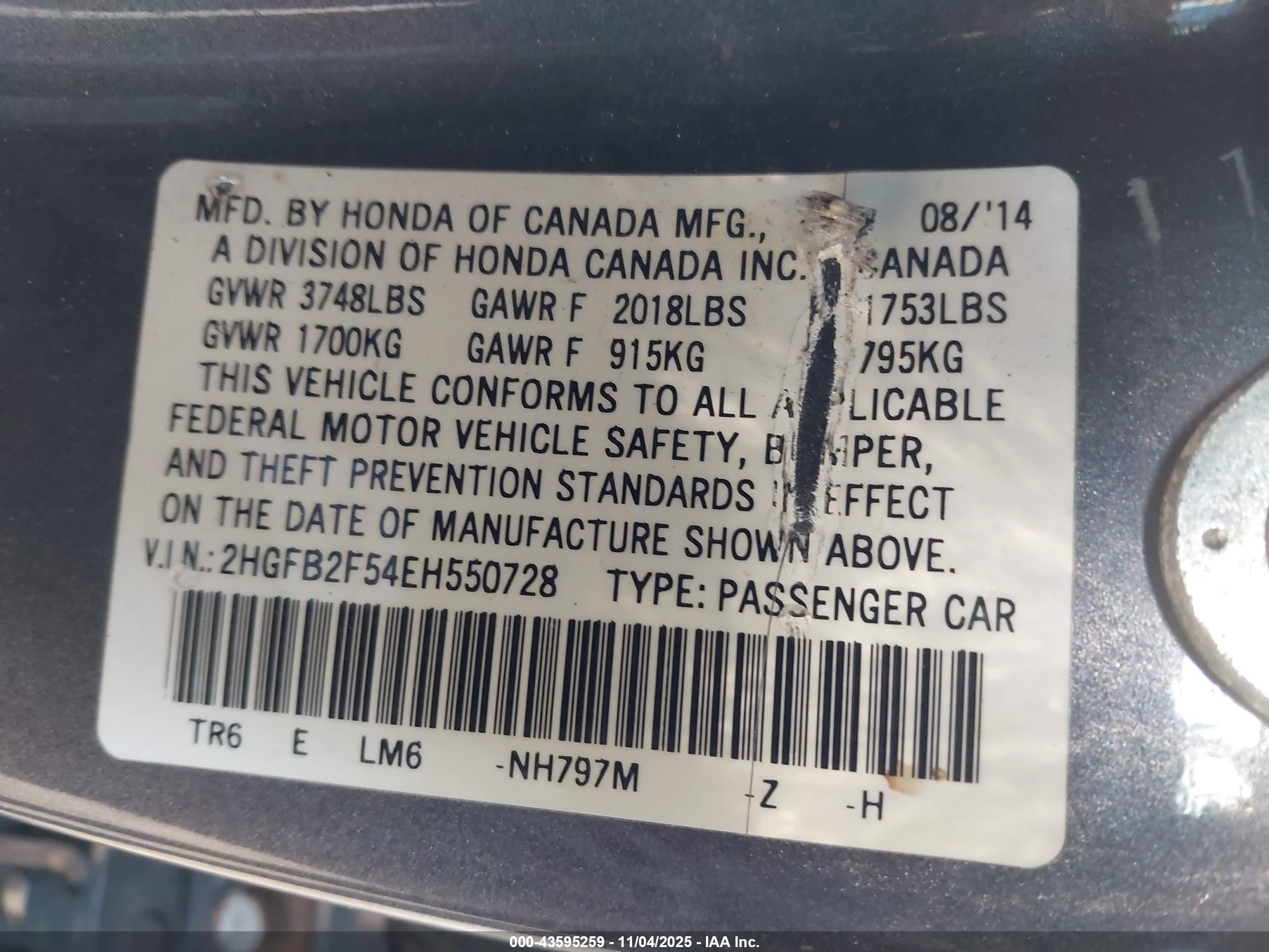 2014 Honda Civic Lx Gray vin: 2HGFB2F54EH550728
