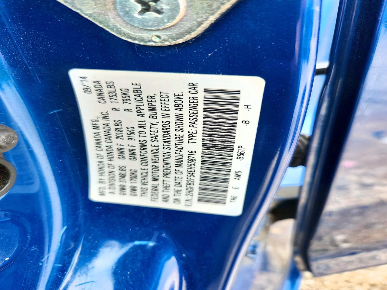 2014 Honda Civic Lx Blue vin: 2HGFB2F54EH558716