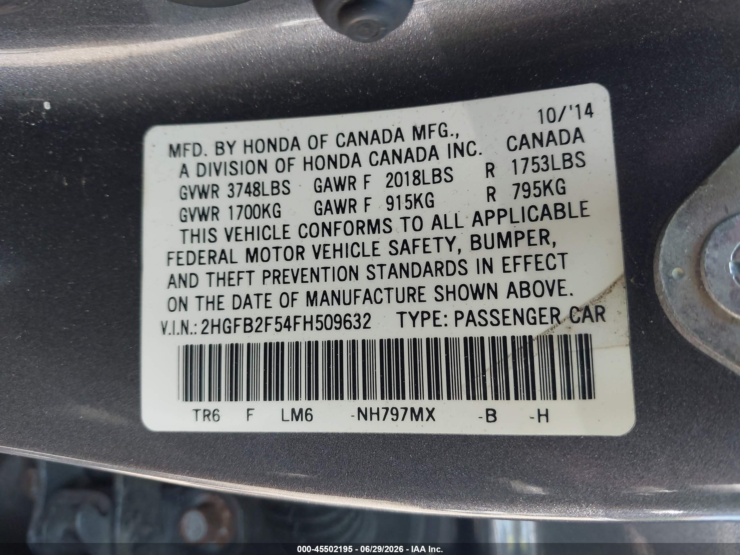 2015 Honda Civic Lx Gray vin: 2HGFB2F54FH509632