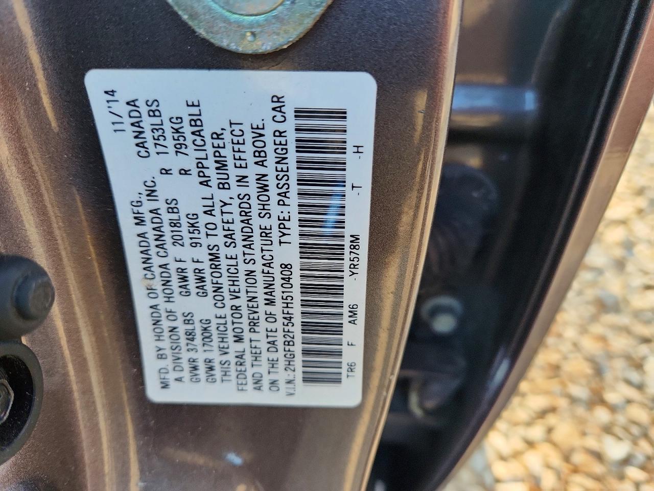2015 Honda Civic Lx Gray vin: 2HGFB2F54FH510408