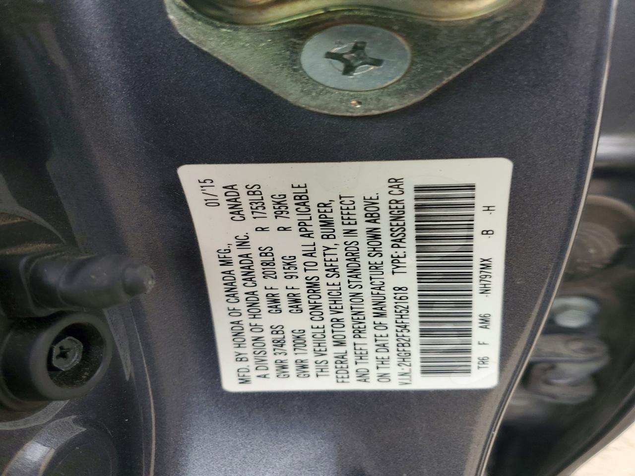 2015 Honda Civic Lx Gray vin: 2HGFB2F54FH521618