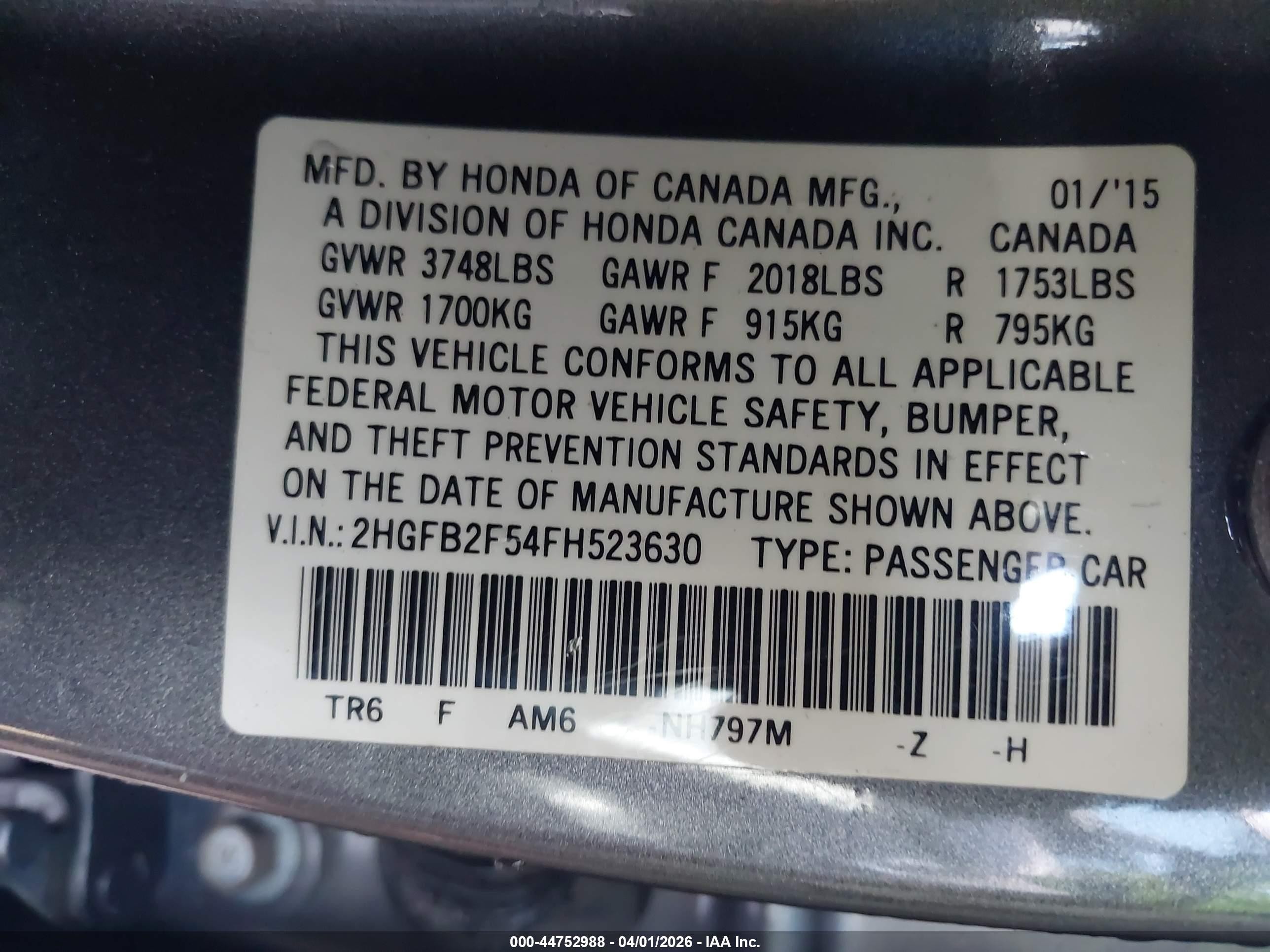 2015 Honda Civic Lx Gray vin: 2HGFB2F54FH523630