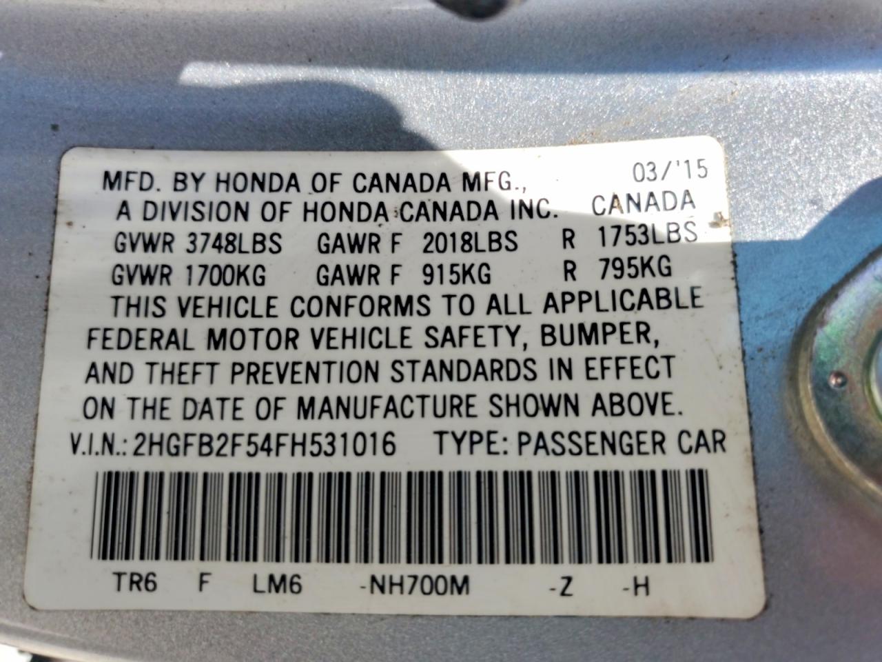 2015 Honda Civic Lx Silver vin: 2HGFB2F54FH531016