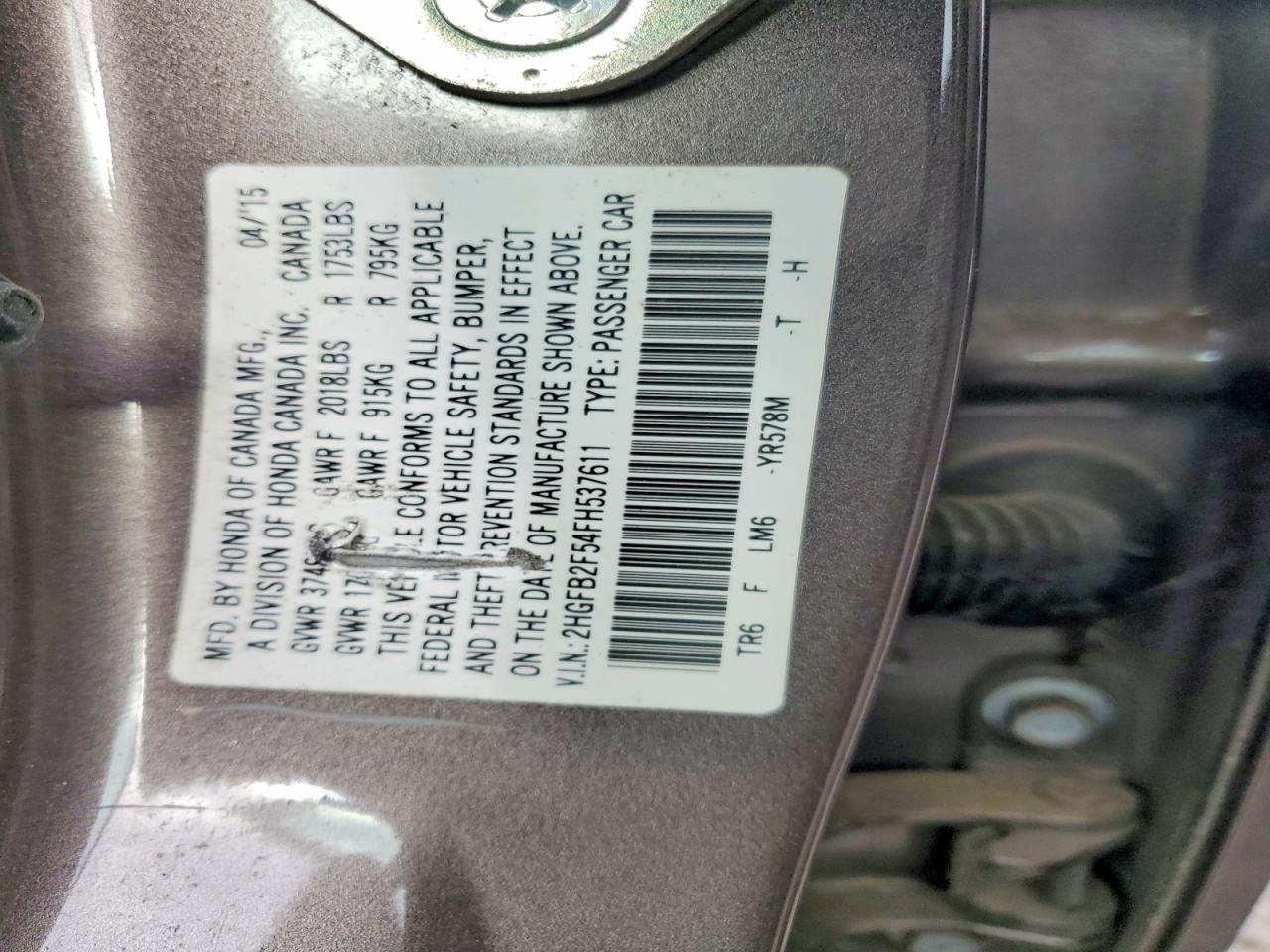 2015 Honda Civic Lx Gray vin: 2HGFB2F54FH537611