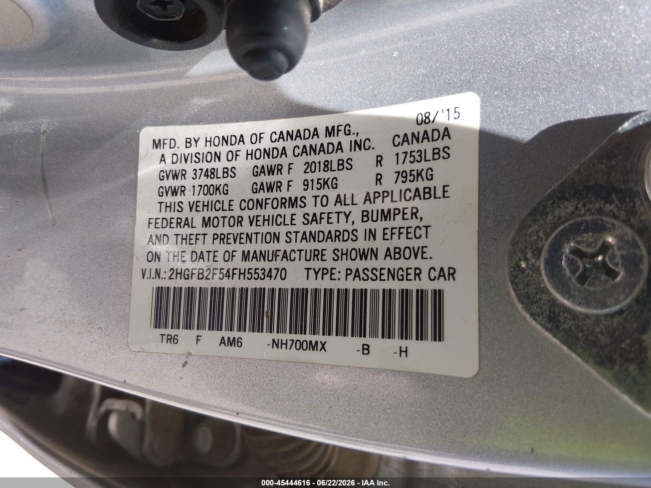 2015 Honda Civic Lx Silver vin: 2HGFB2F54FH553470