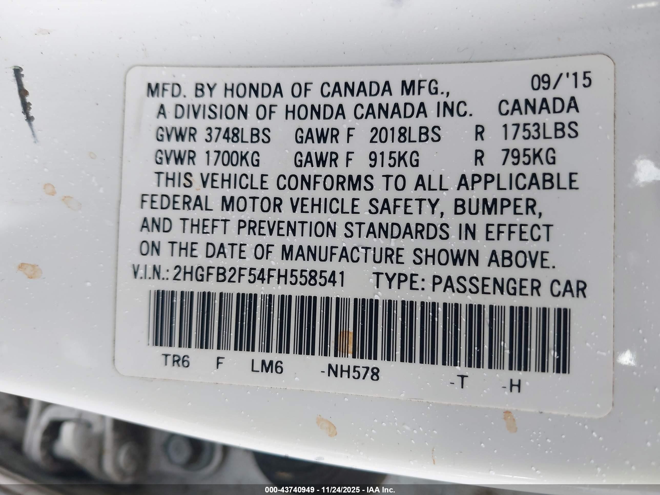 2015 Honda Civic Lx Белый vin: 2HGFB2F54FH558541