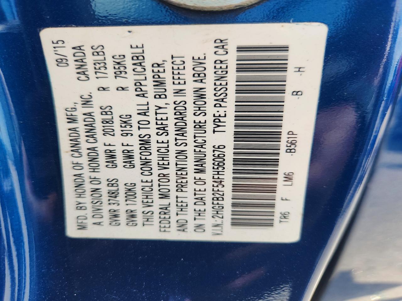2015 Honda Civic Lx Blue vin: 2HGFB2F54FH560676