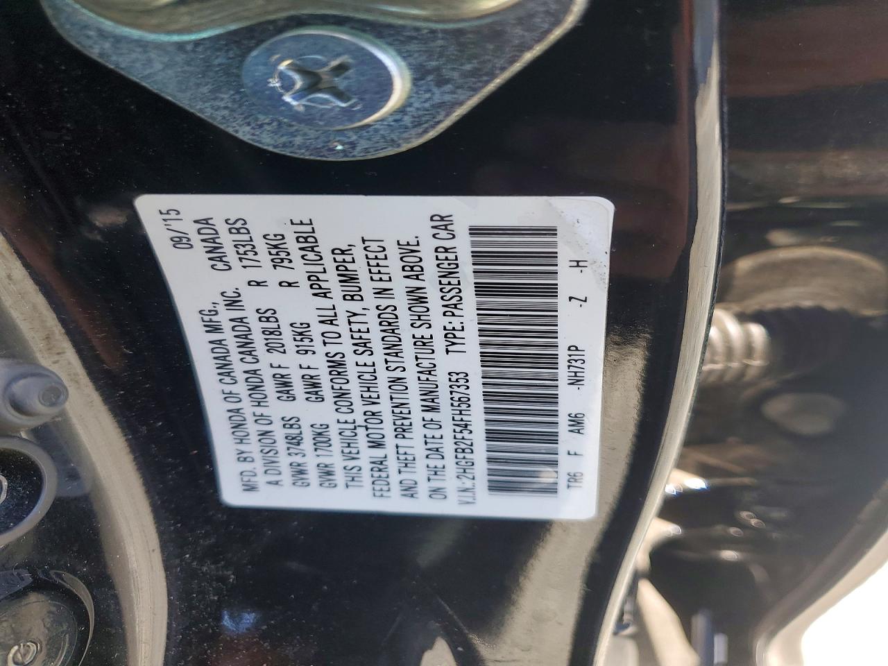 2015 Honda Civic Lx Black vin: 2HGFB2F54FH567353