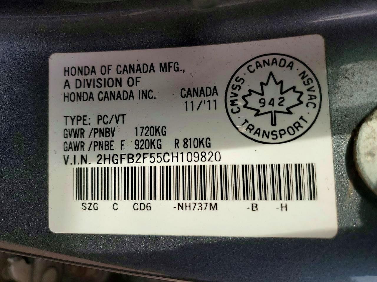 2012 Honda Civic Lx Gray vin: 2HGFB2F55CH109820