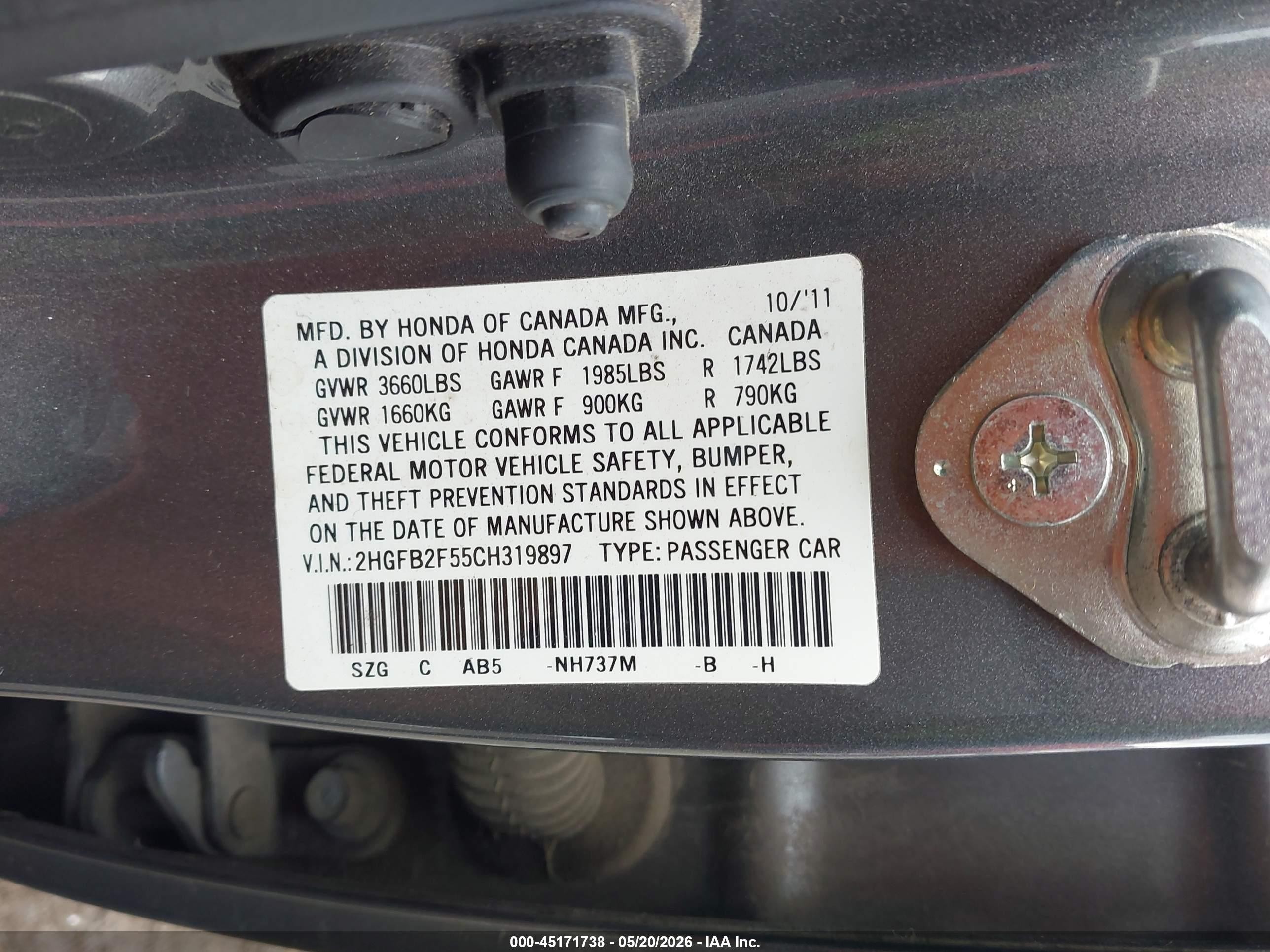 2012 Honda Civic Lx Gray vin: 2HGFB2F55CH319897