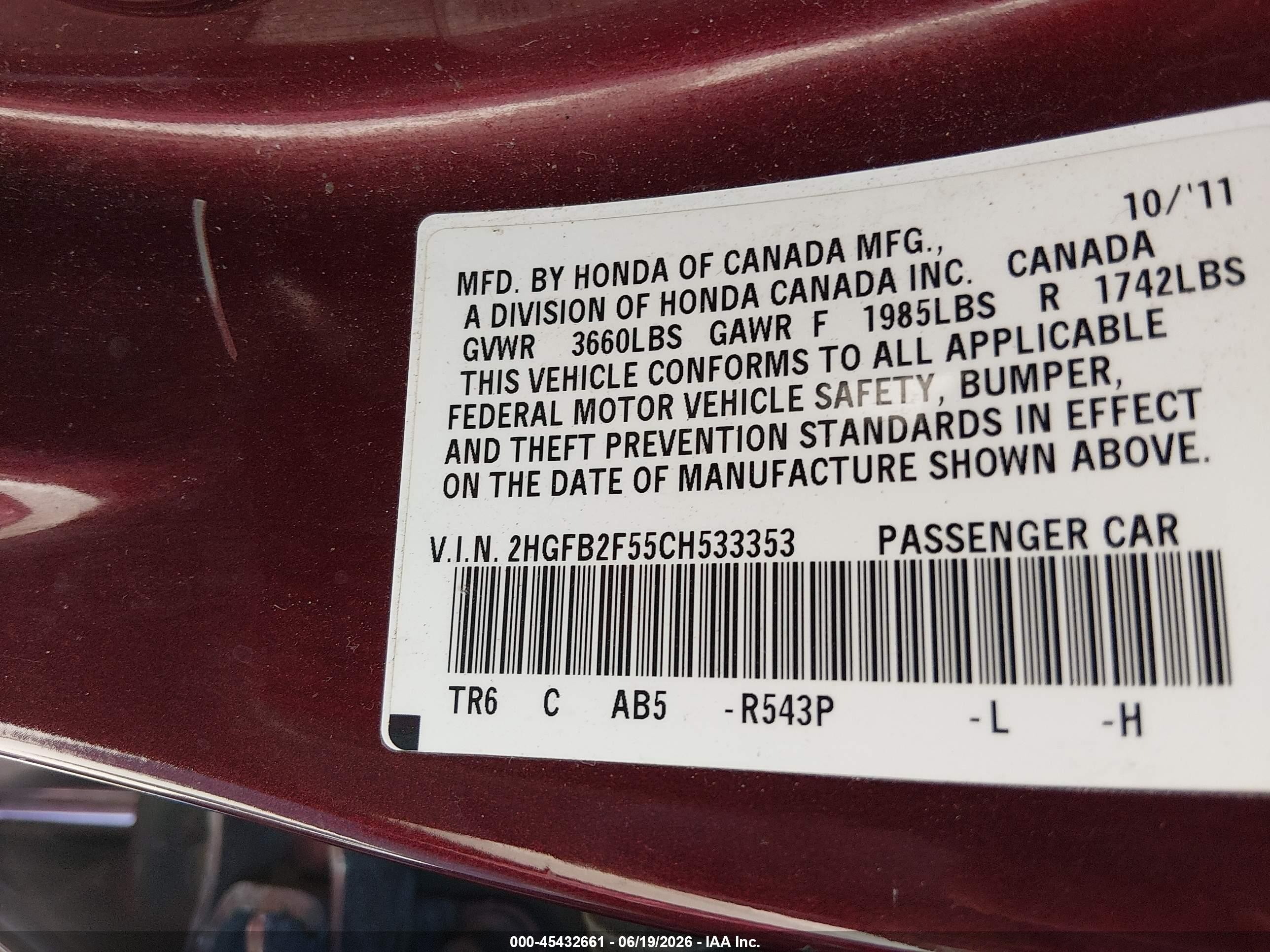 2012 Honda Civic Lx Red vin: 2HGFB2F55CH533353