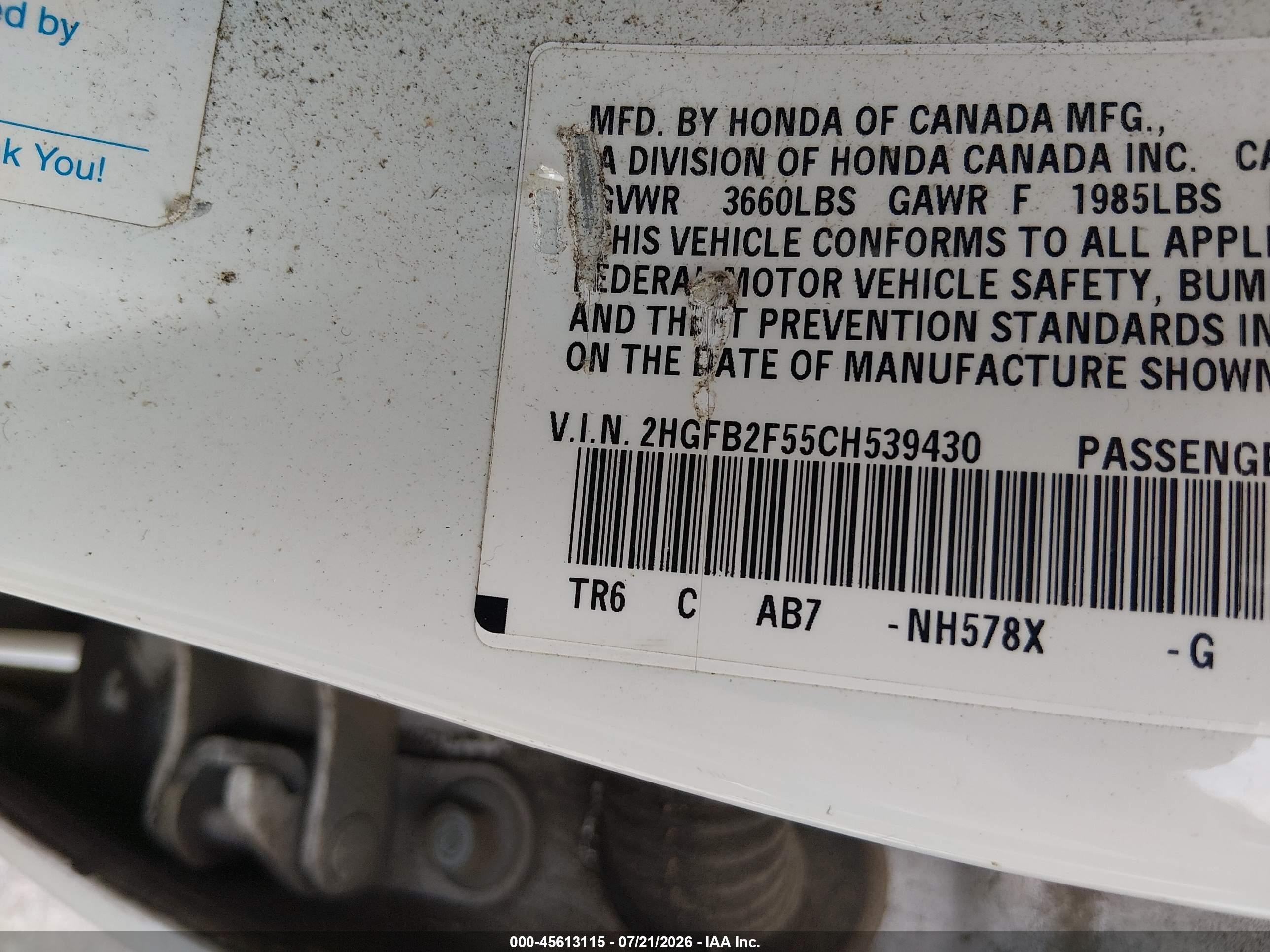 2012 Honda Civic Lx White vin: 2HGFB2F55CH539430
