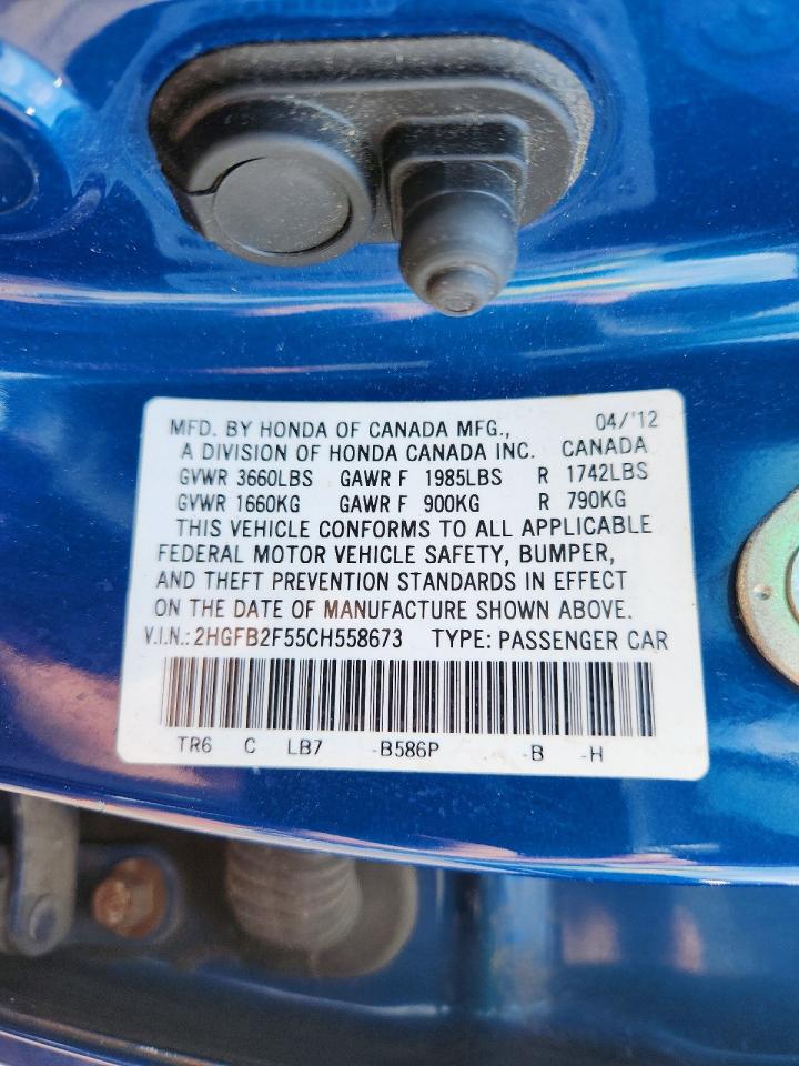 2012 Honda Civic Lx Blue vin: 2HGFB2F55CH558673