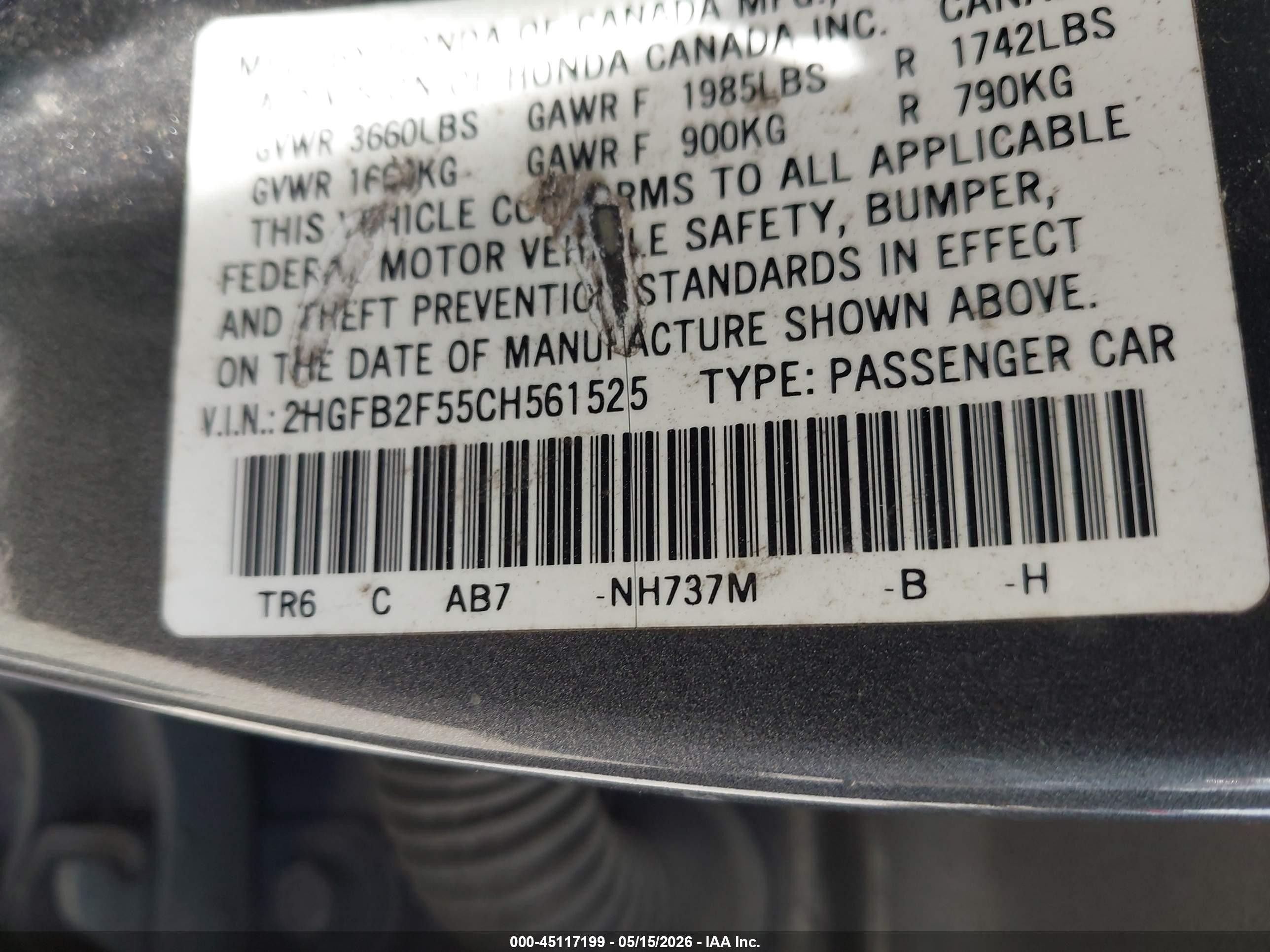 2012 Honda Civic Lx Gray vin: 2HGFB2F55CH561525