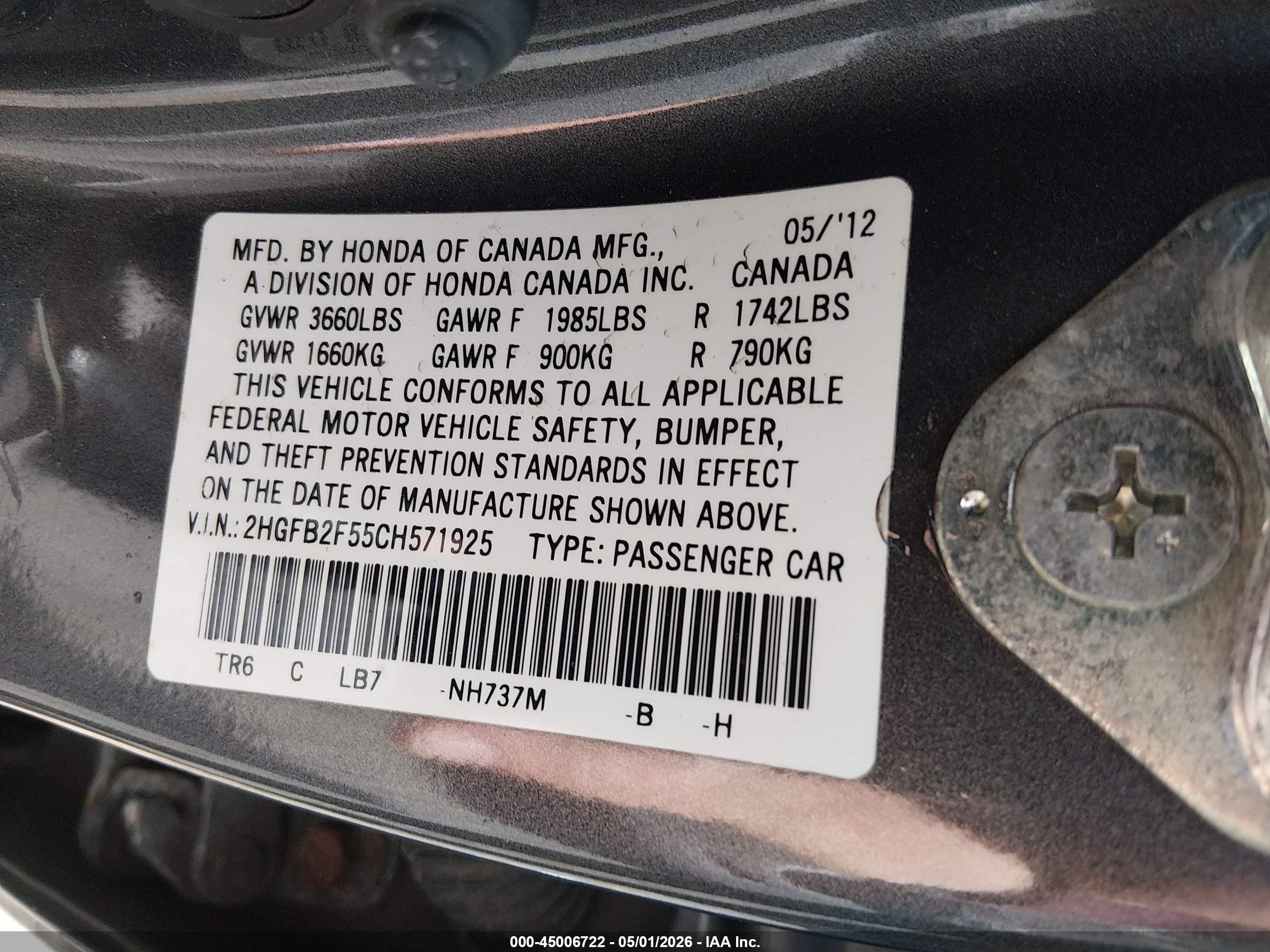 2012 Honda Civic Lx Gray vin: 2HGFB2F55CH571925