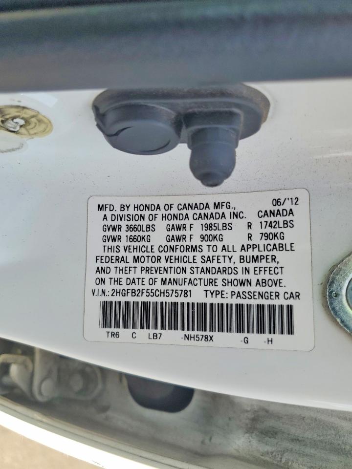 2012 Honda Civic Lx White vin: 2HGFB2F55CH575781