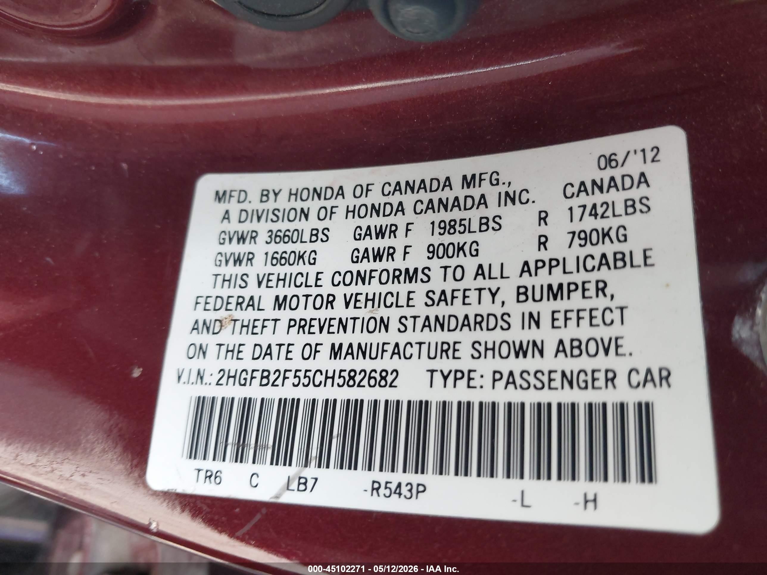 2012 Honda Civic Lx Burgundy vin: 2HGFB2F55CH582682