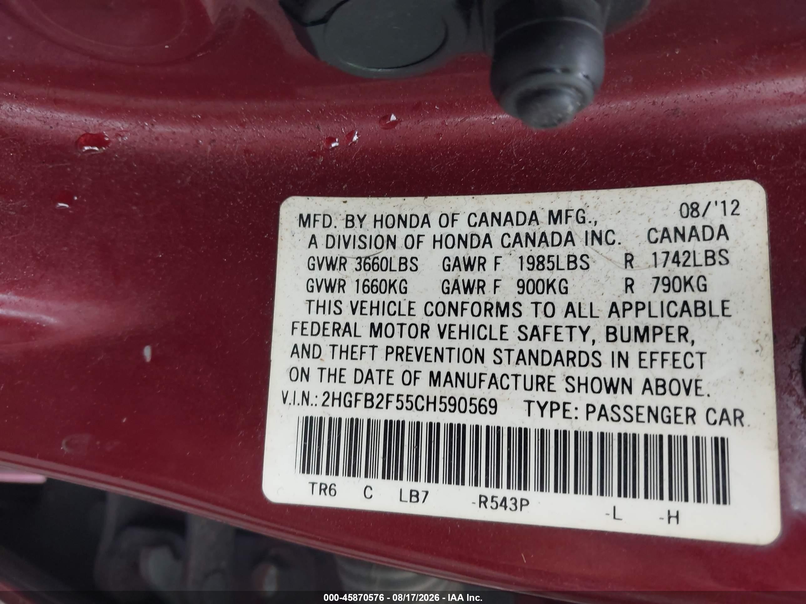 2012 Honda Civic Lx Burgundy vin: 2HGFB2F55CH590569