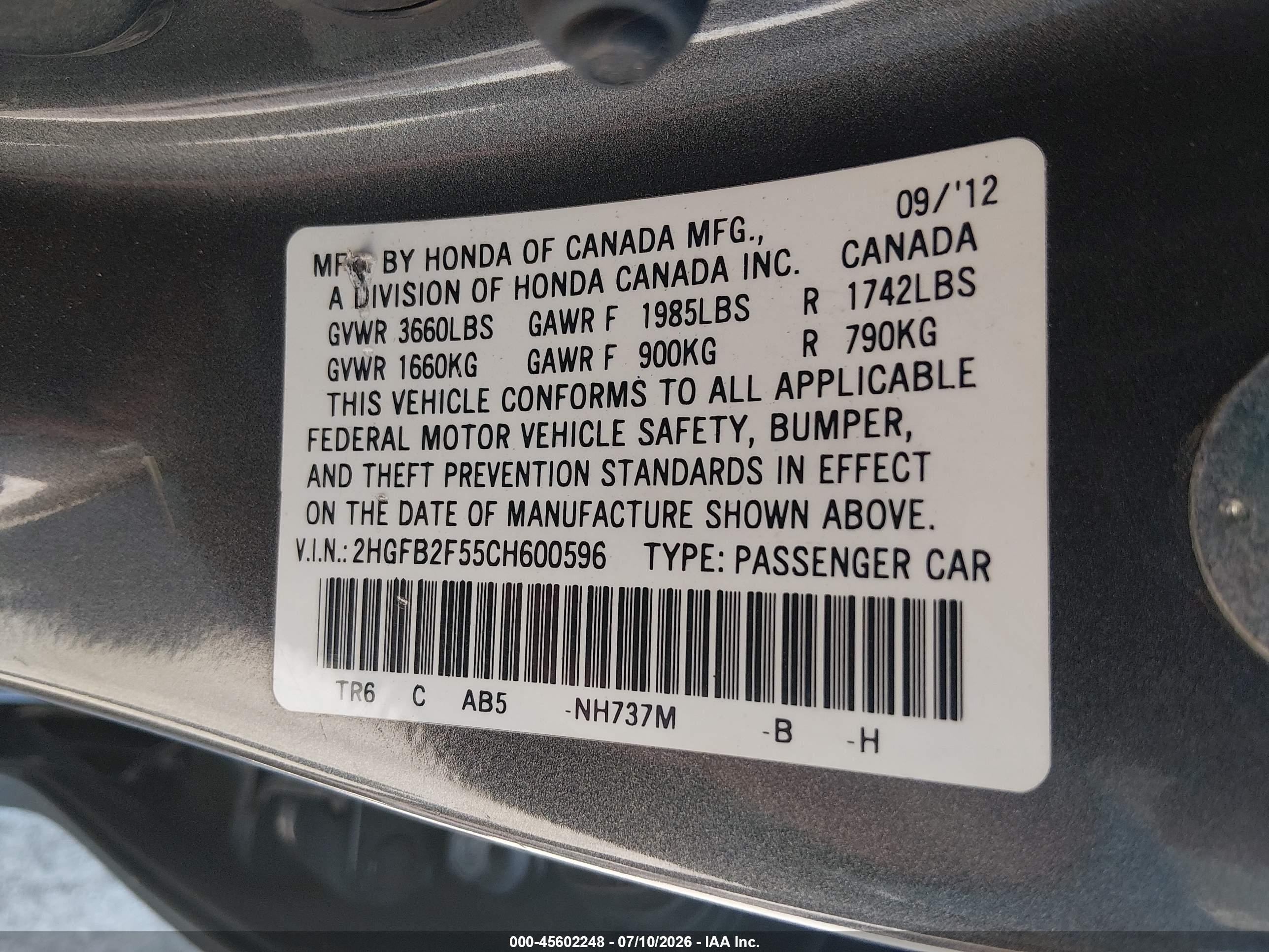 2012 Honda Civic Lx Gray vin: 2HGFB2F55CH600596