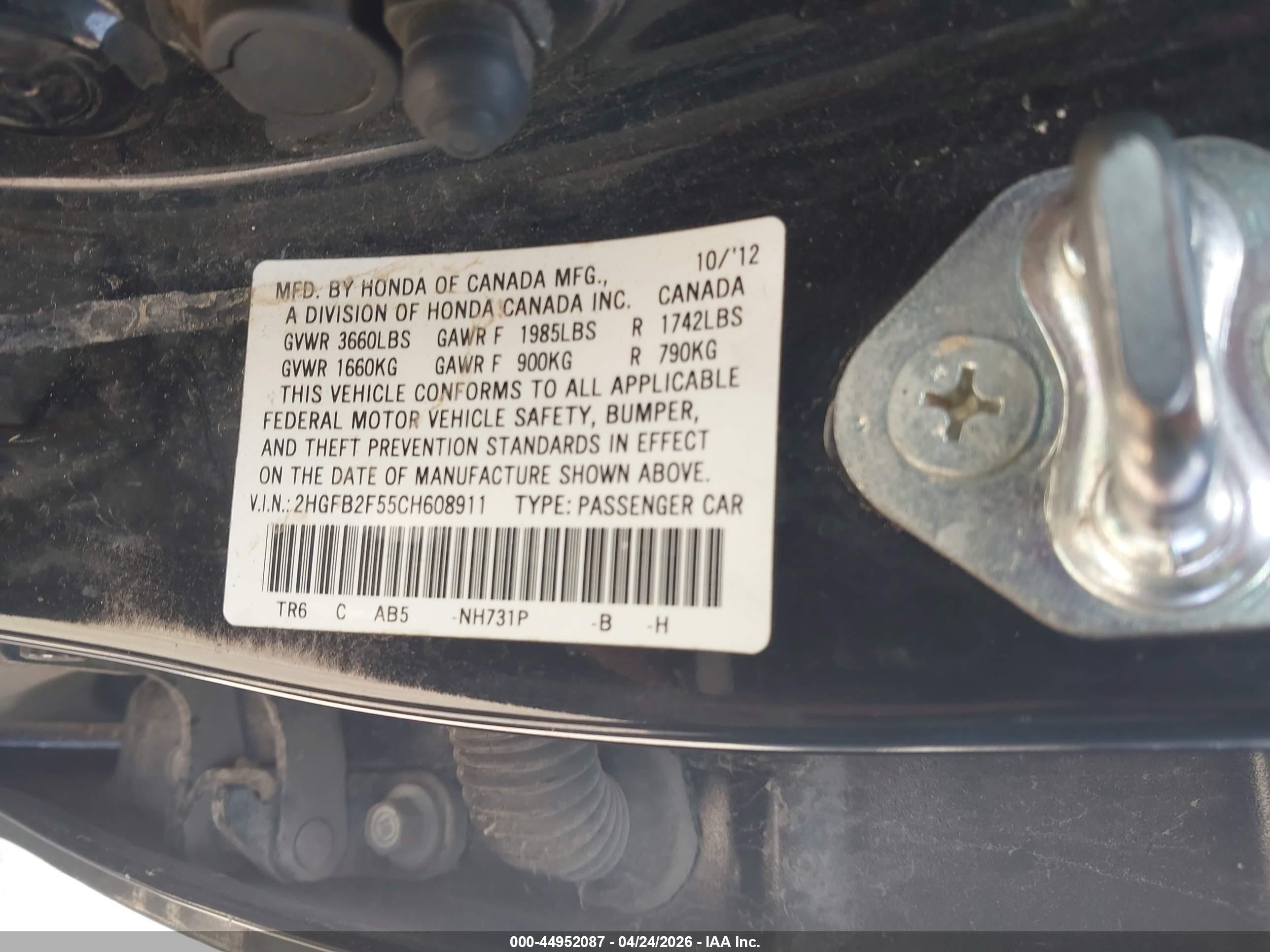 2012 Honda Civic Lx Black vin: 2HGFB2F55CH608911