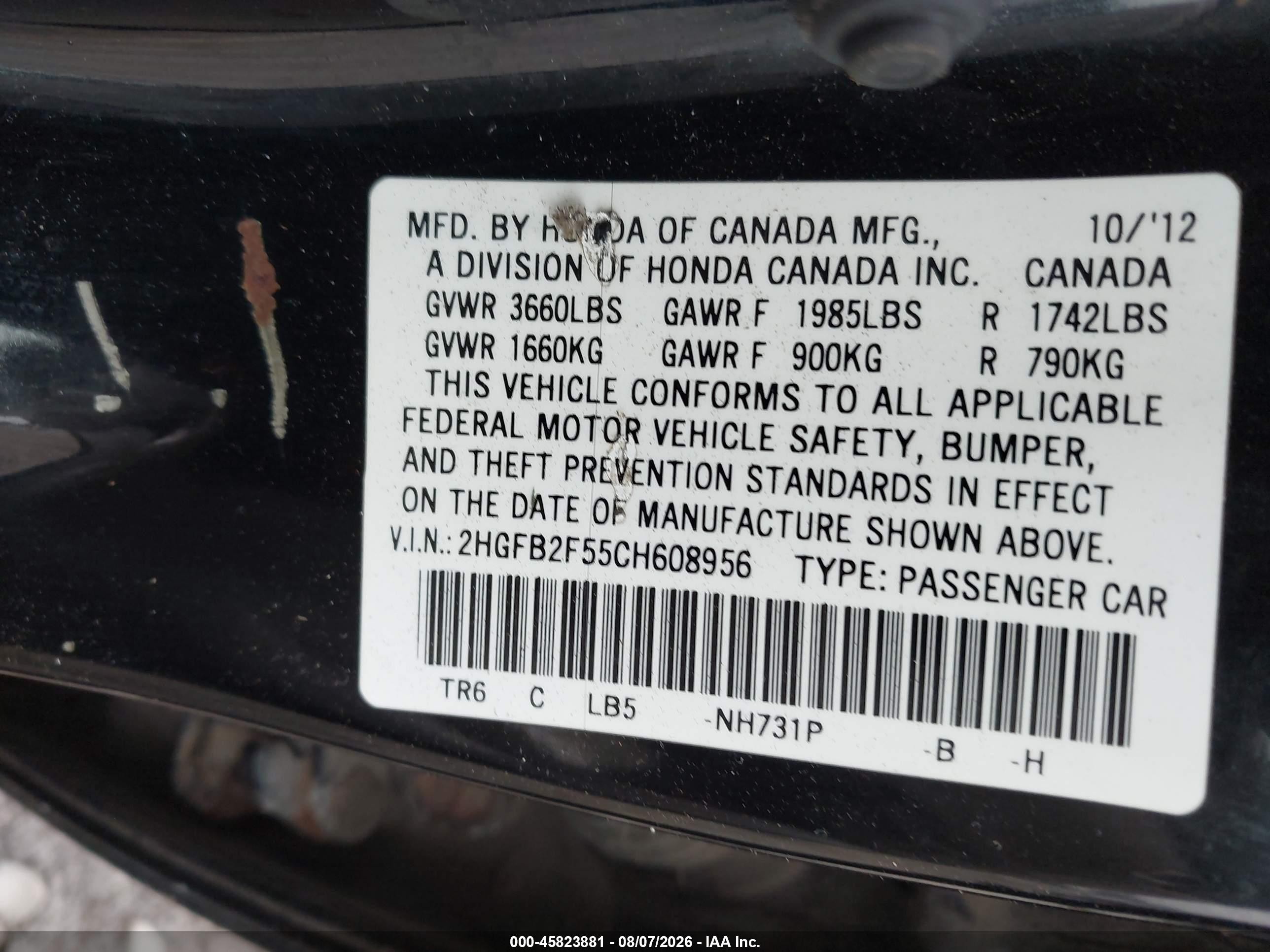 2012 Honda Civic Lx Black vin: 2HGFB2F55CH608956
