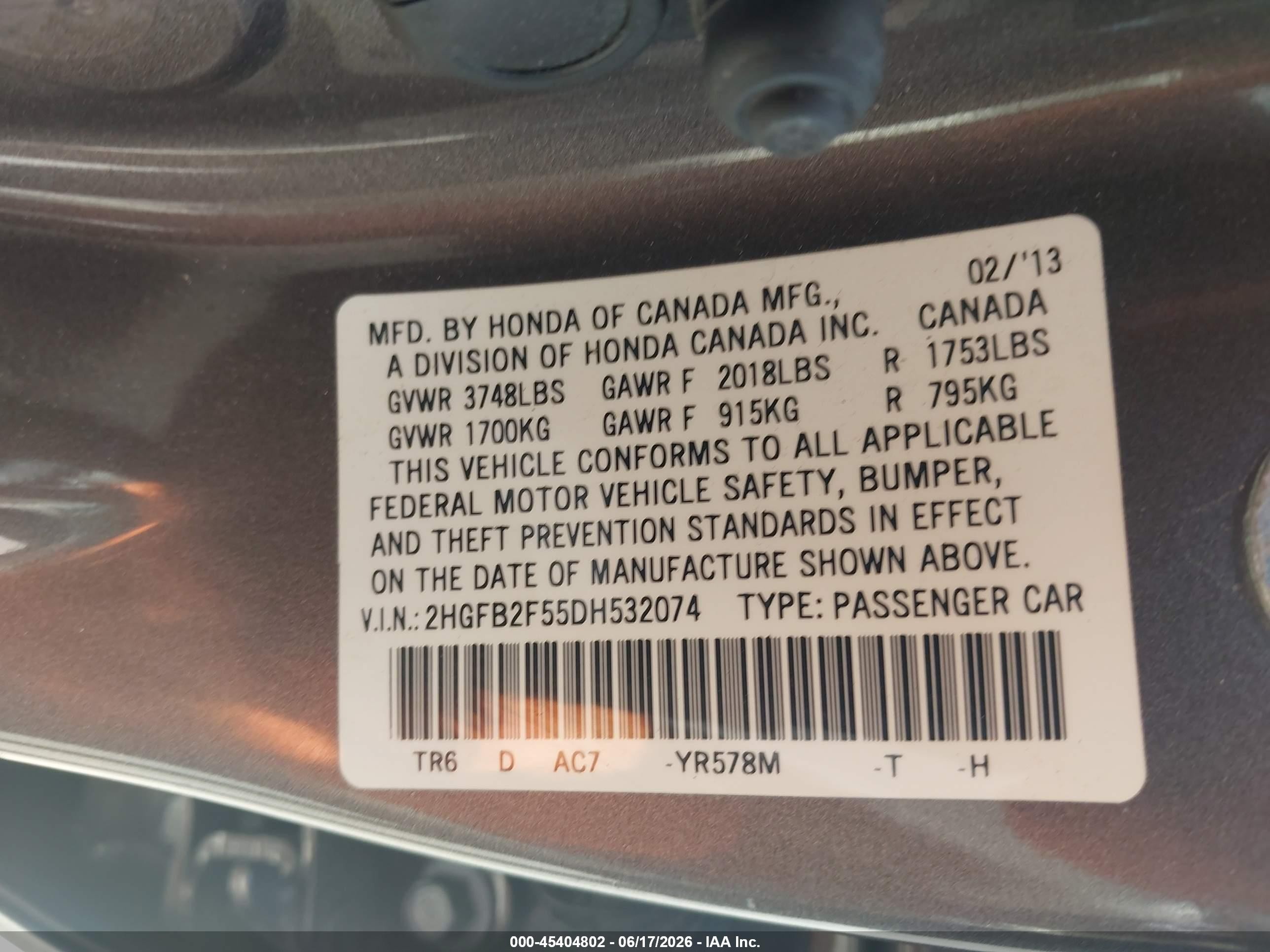 2013 Honda Civic Lx Champagne vin: 2HGFB2F55DH532074