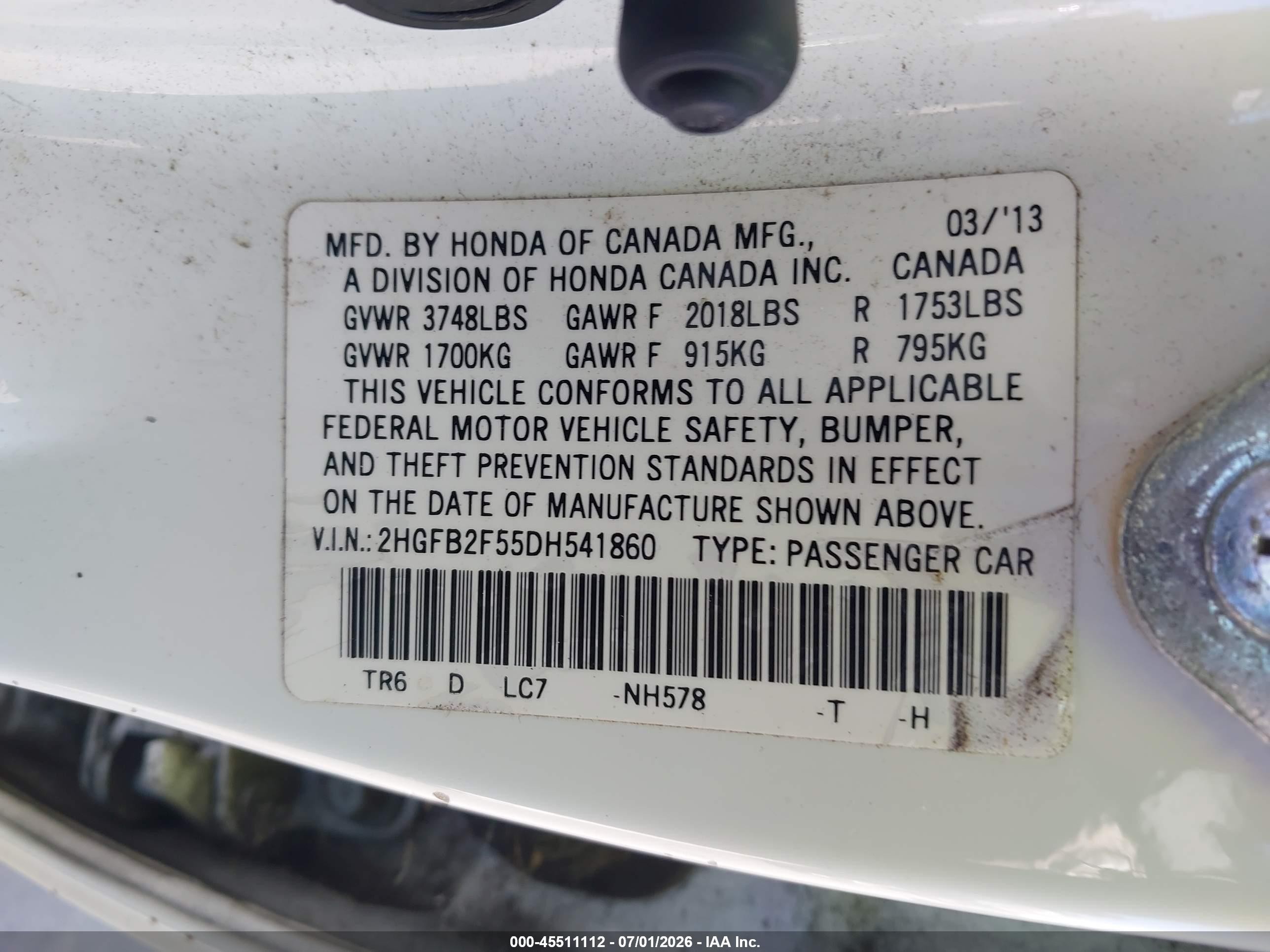2013 Honda Civic Lx White vin: 2HGFB2F55DH541860