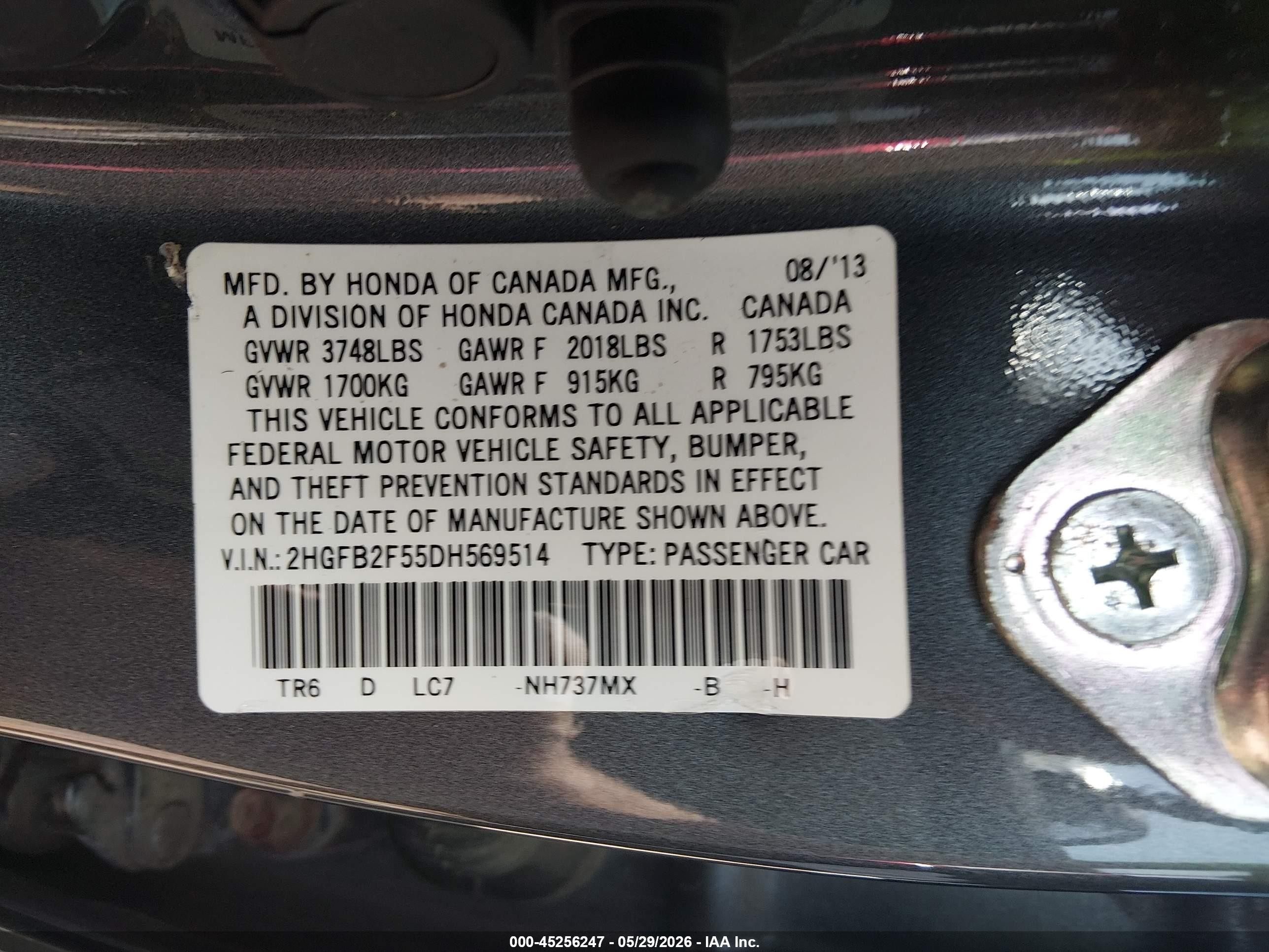 2013 Honda Civic Lx Серый vin: 2HGFB2F55DH569514