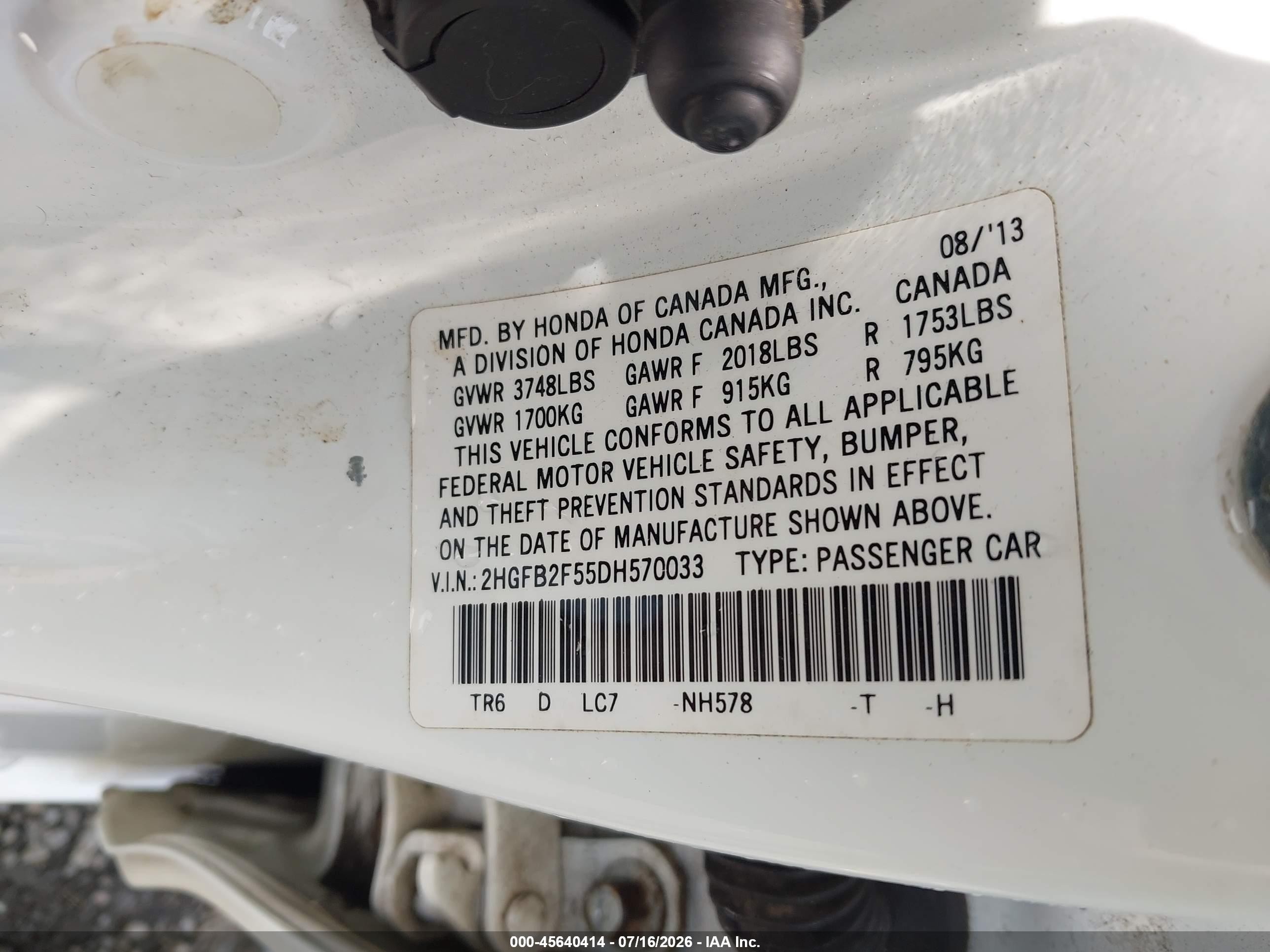2013 Honda Civic Lx White vin: 2HGFB2F55DH570033