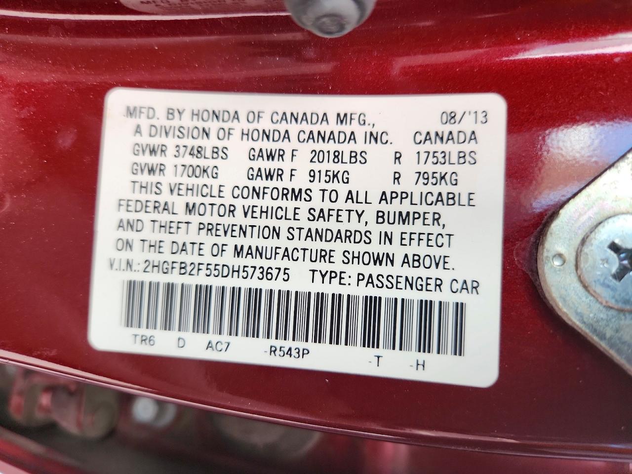 2013 Honda Civic Lx Red vin: 2HGFB2F55DH573675