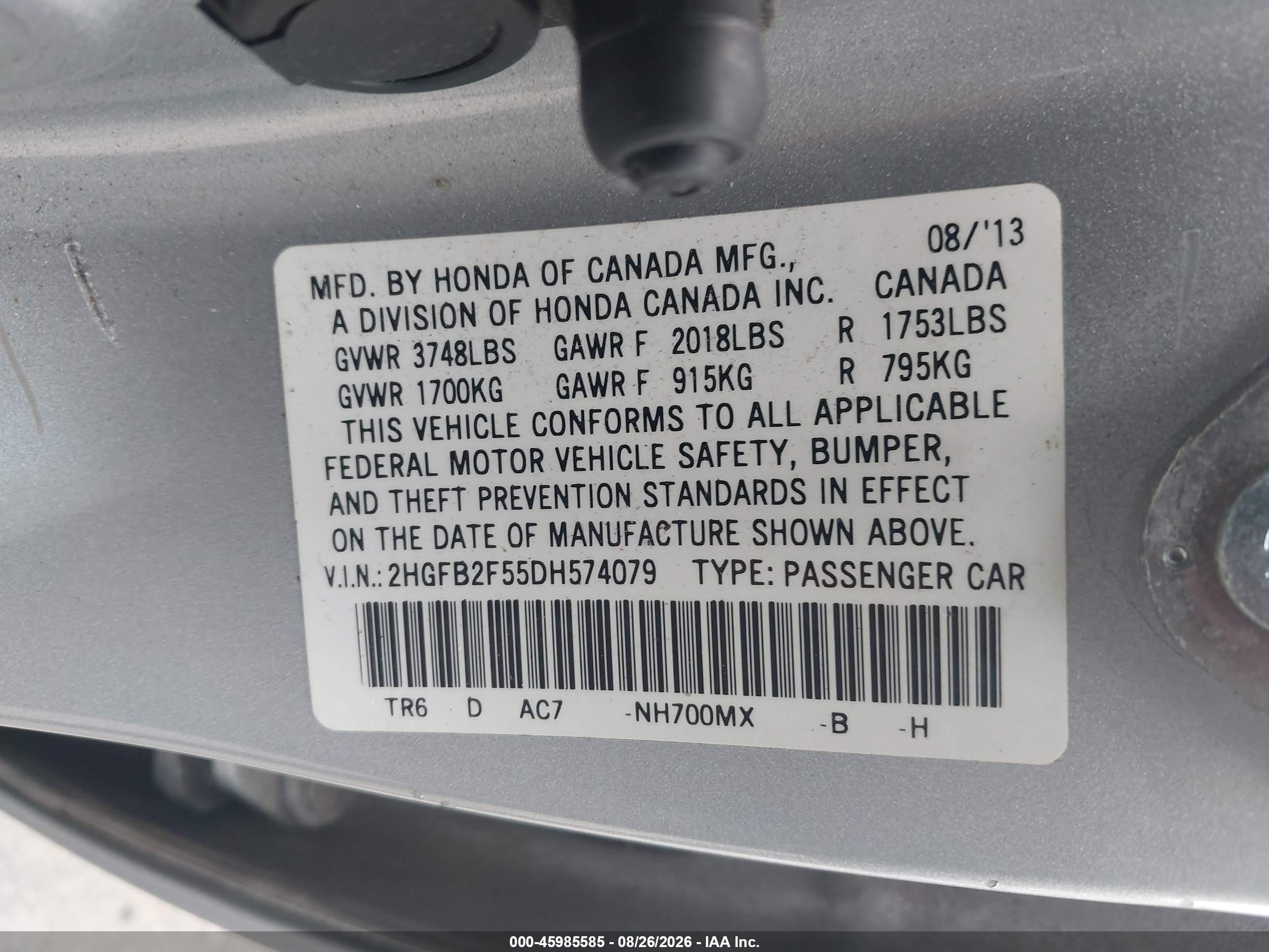 2013 Honda Civic Lx Silver vin: 2HGFB2F55DH574079