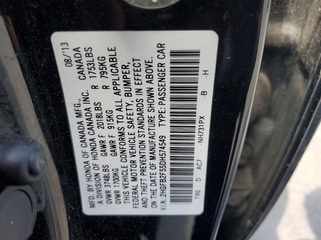 2013 Honda Civic Lx Black vin: 2HGFB2F55DH574549